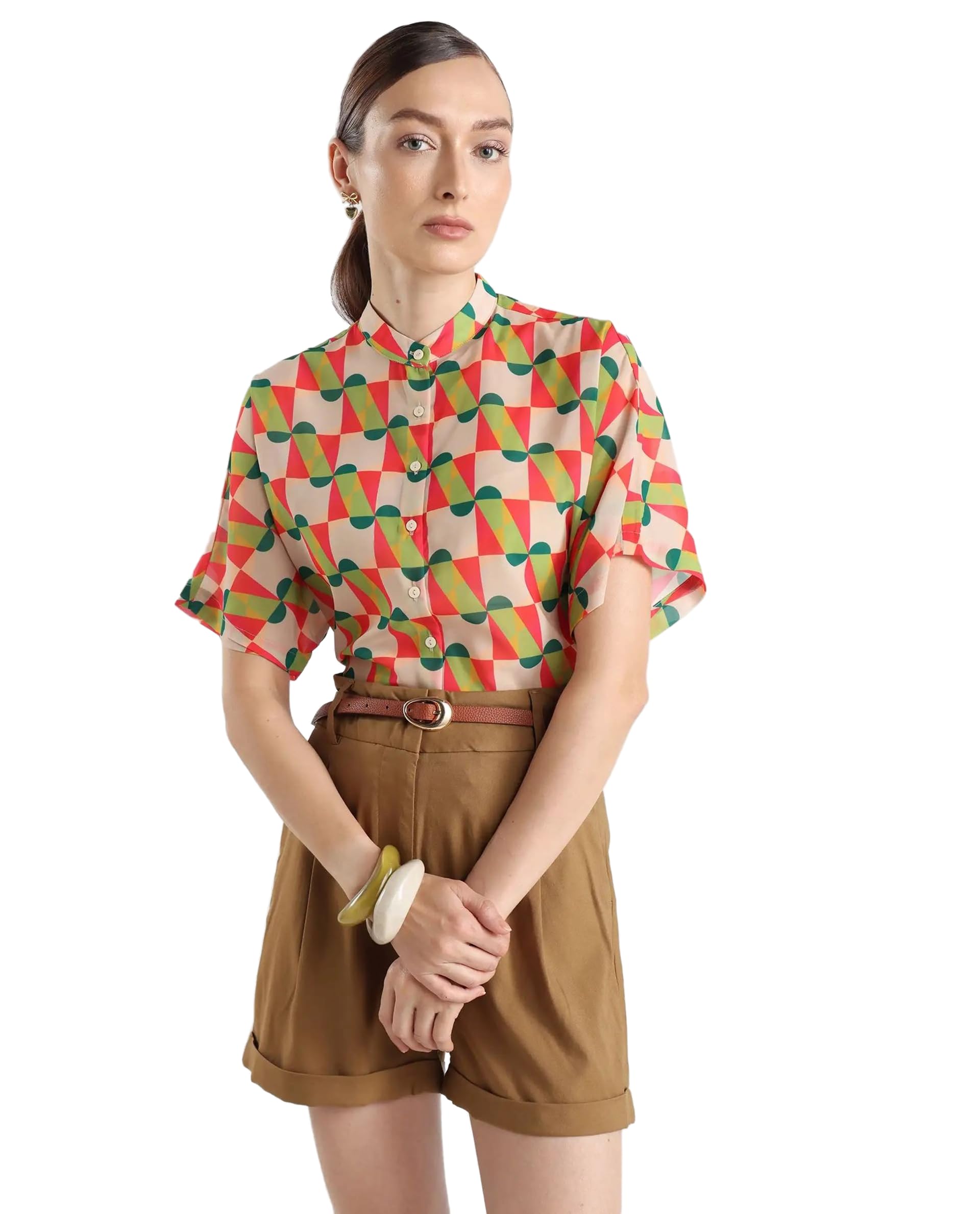 rareism Relaxed Geometric Multicolor Georgette Collarless Shrug-picture-51