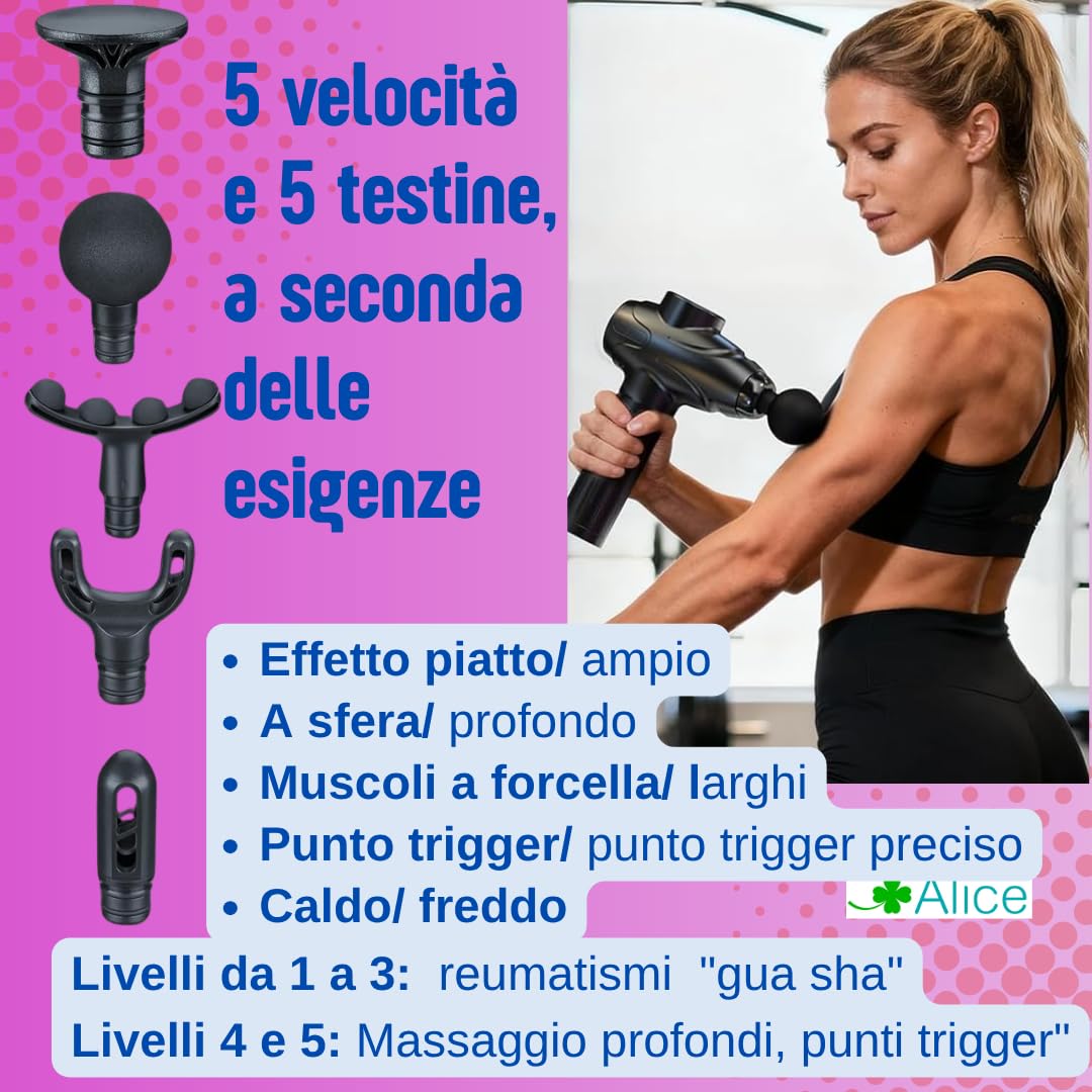 Massaggio pistola riscaldante, massaggiatore muscolare, caldo o freddo, 5 velocità, contro dolori dopo lo sport (freddo), o contro dolori e reumatismi (caldo) / usb