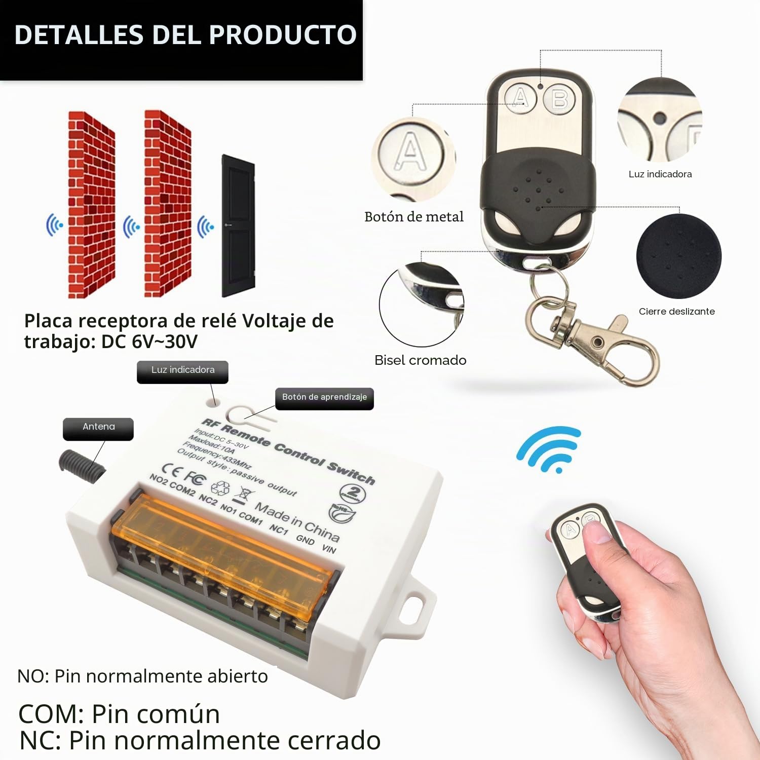 DieseRC Interruptor de mando a distancia de Relé Inalámbrico de 2 Canales 433MHz RF DC 5V 12V 24V 30V 10A Receptor de relé con 2 Control Remoto Transmisores, Terminal Grande Cableado Fácil