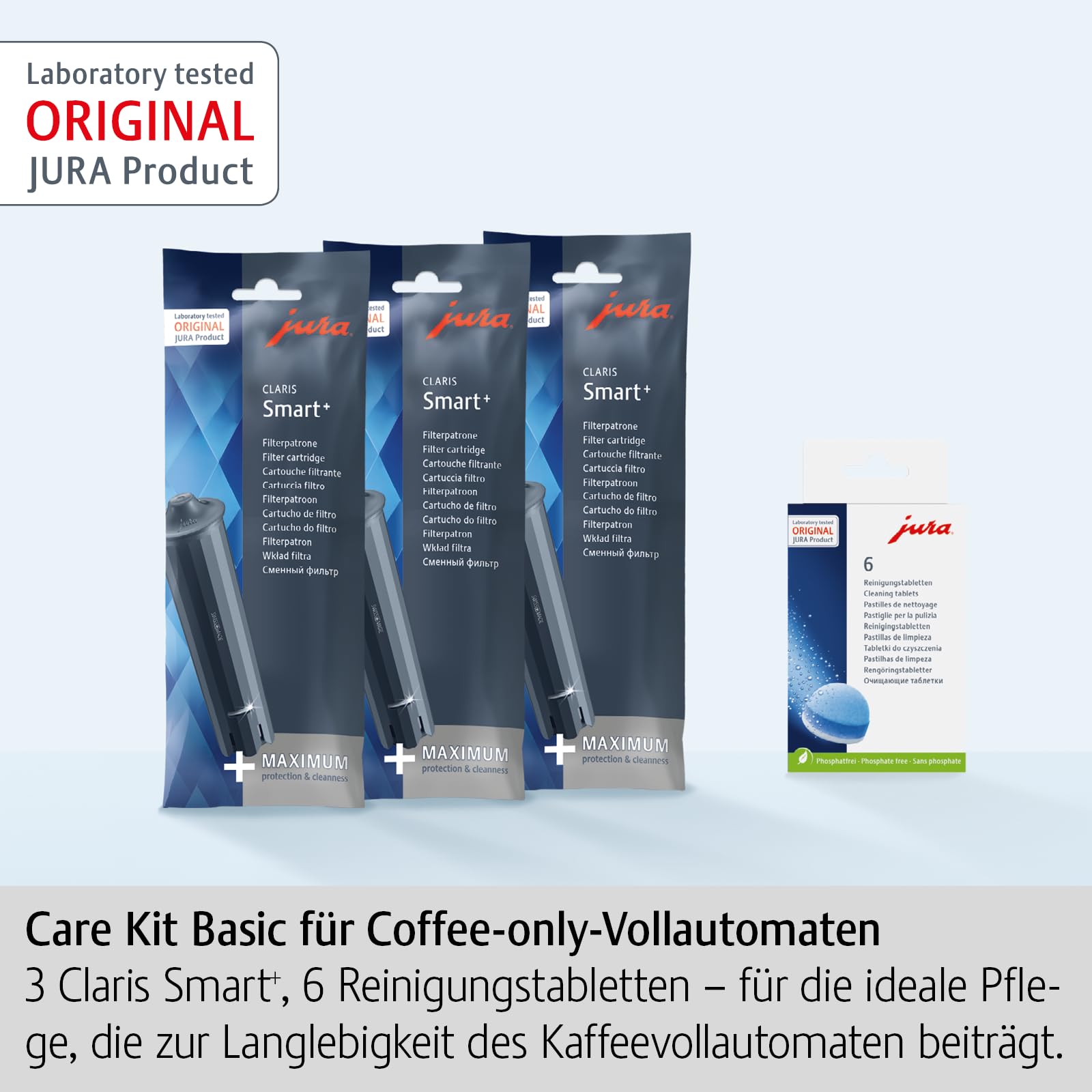 Jura Original - Care Kit Basic con tutti i prodotti di manutenzione importanti - Igiene certificata TÜV - 3 cartucce filtranti CLARIS Smart+, 6 pastiglie di pulizia - 25067