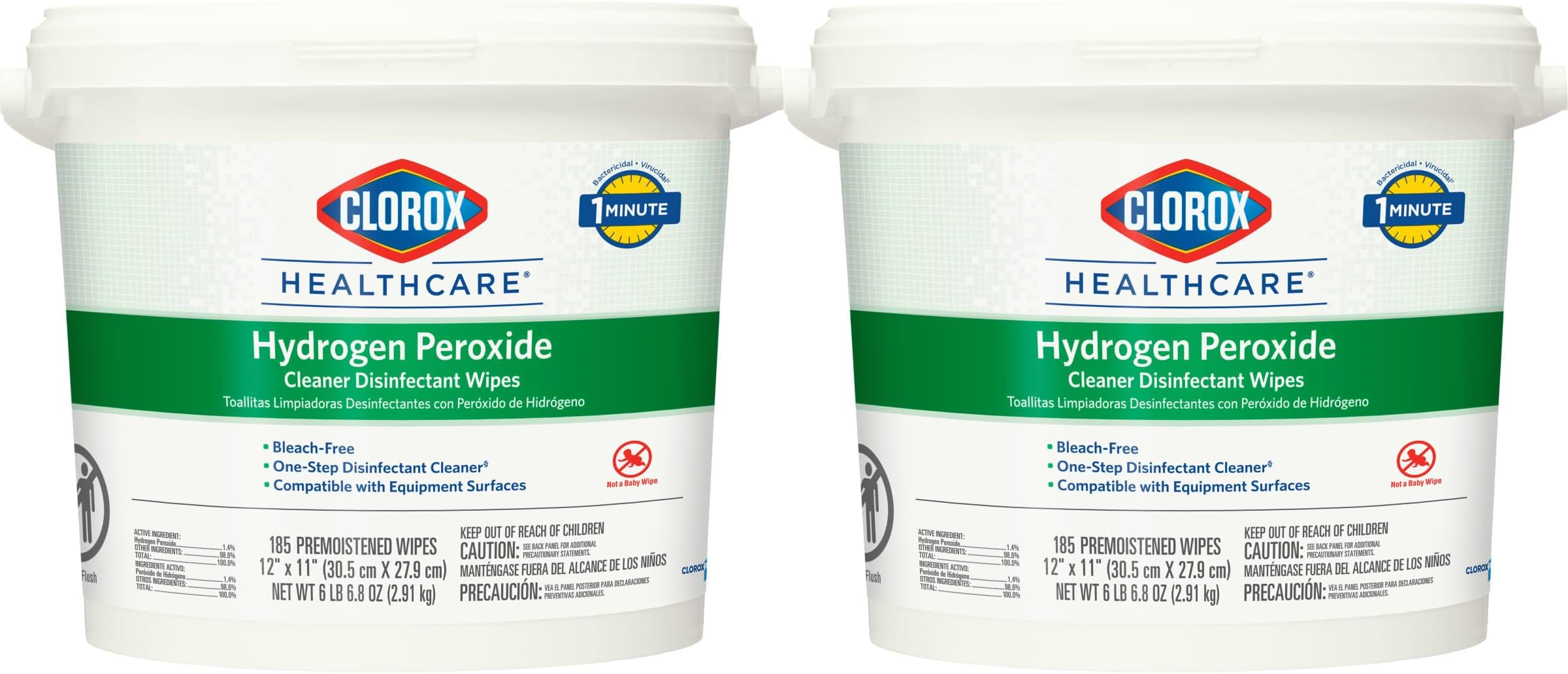 Clorox Healthcare Hydrogen Peroxide Cleaner Disinfectant Wipes, 12" x 11", Bucket, 185 Count, Pack of 2 (Package May Vary)