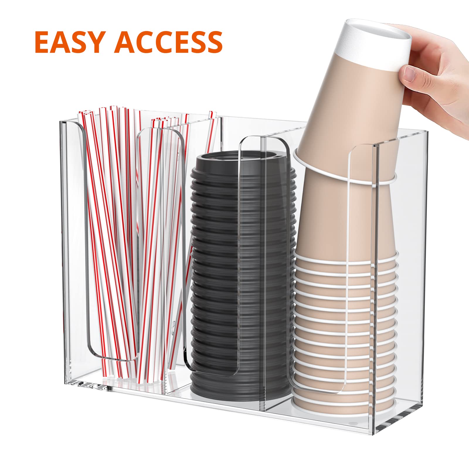 Richboom Acrylic Coffee Cup and Lid Storage Organizer Holder, 3 Compartments, Clear