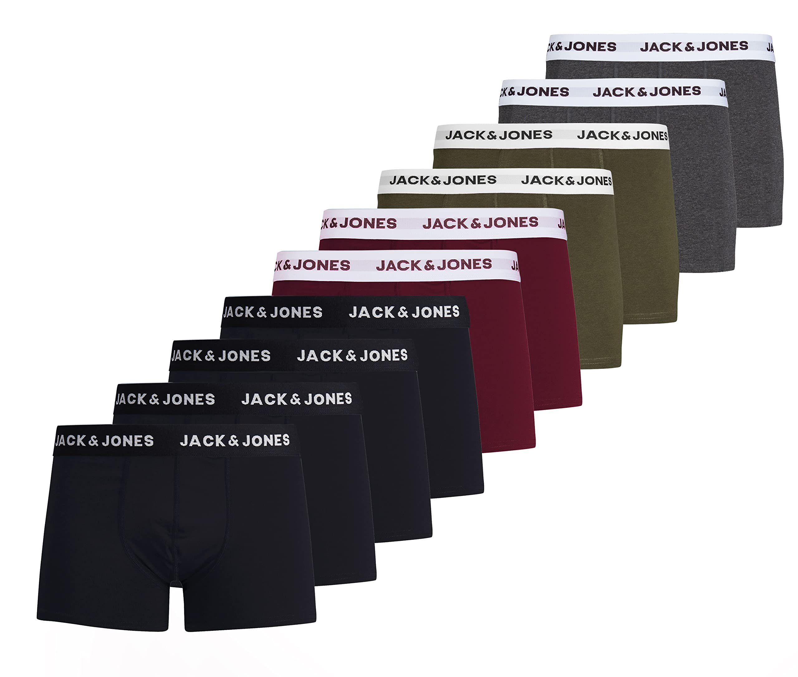 Jack & Jones Herren Jacsolid Trunks 10 Packs Boxershorts, 4x Schwarz, 2x Port Royale, 2 Ivy Green, 2x Dark Grey Melange ,XXL