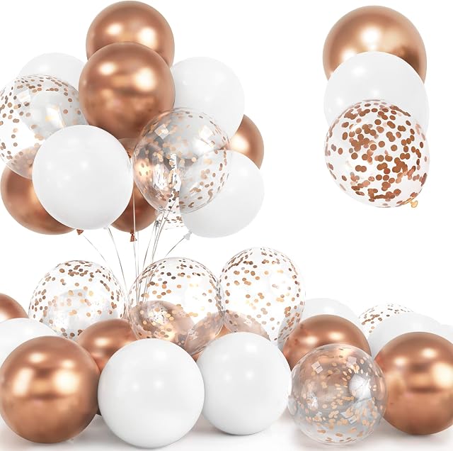 30Pcs Rose Gold Zestaw balonów, 12 cali Metallic Chrome Rose Gold Balony Confetti i białe balony lateksowe z wstążką dla Urodziny Ślub Dzieci Baby Shower Party Dekoracje