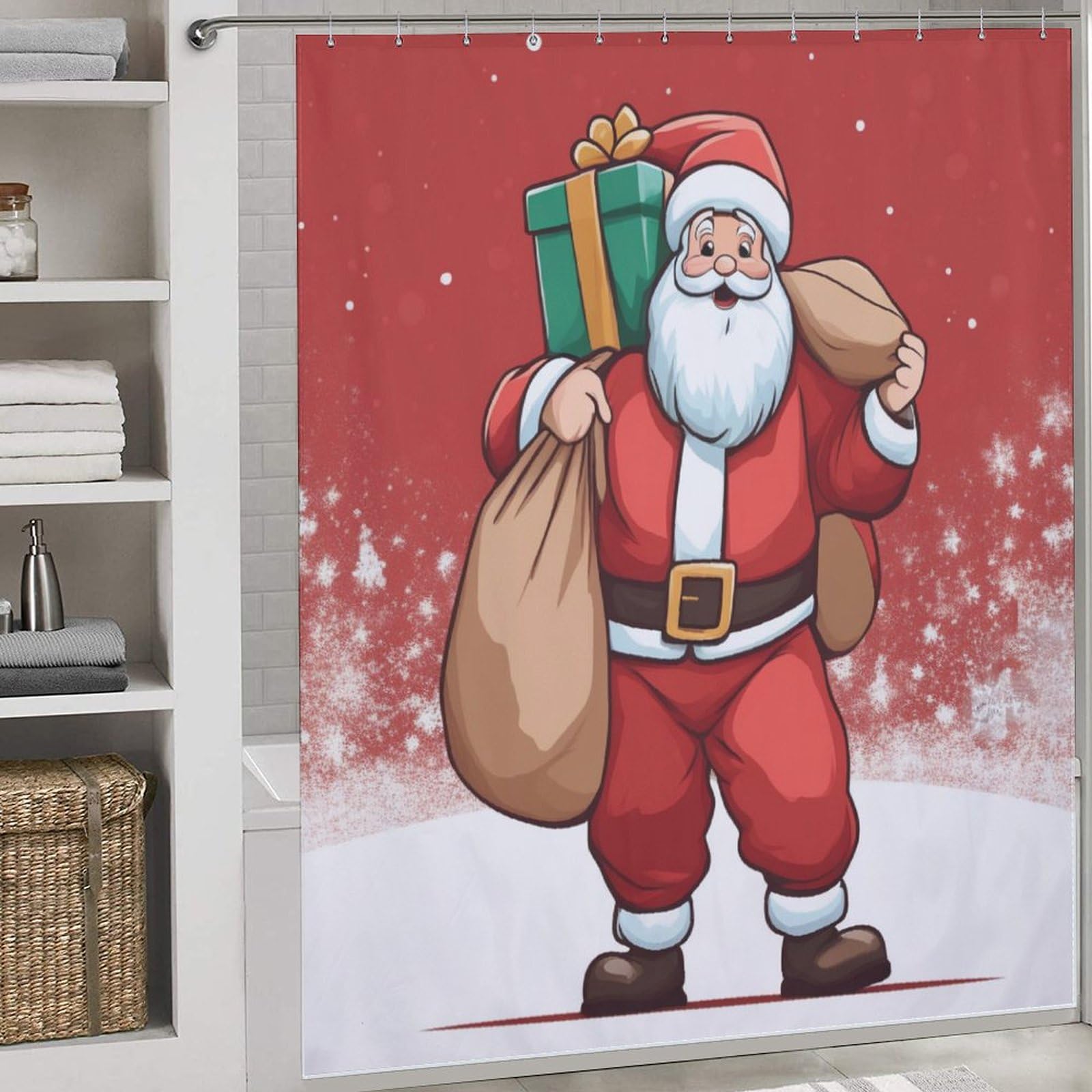 Rideau de douche imperméable Père Noël en tissu avec 12 crochets