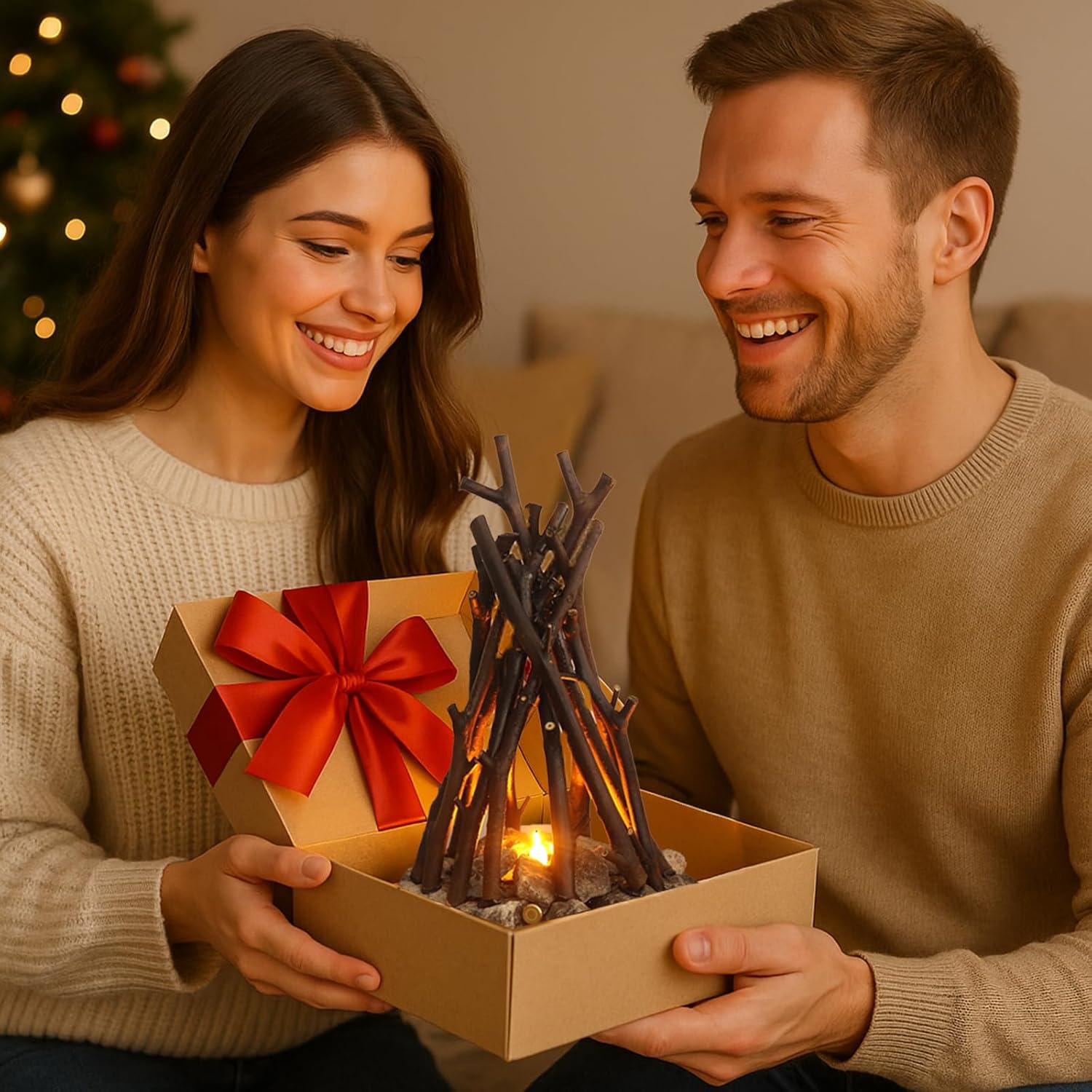 LED Night Light Wooden Campfire LED Dimmable Lamp with 3 Lighting Modes & Flame Sound, USB Powered Kids Nightlight & Desk Lamp for Bedroom, Office, and Relaxation, L