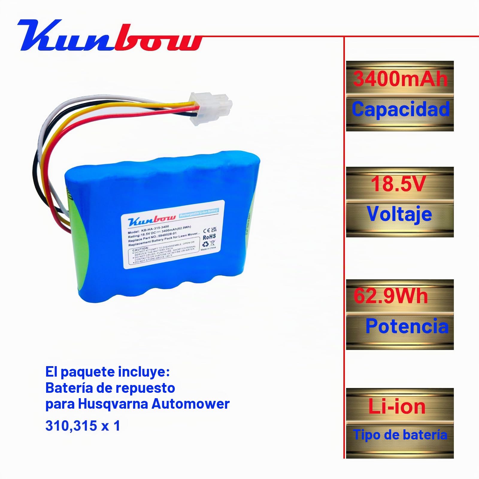 Batería de repuesto para robot cortacésped Husqvarna Automower 310,315,5848228-01,5848228-02,5848528-01, 5895862-01, compatible con Gardena Sileno R100Li, R130Li, R166 0Li césped rojo Bot.