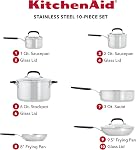 KitchenAid - Brushed Stainless Steel Cookware Set, 10-Piece Pots and Pan Set, Induction Cooktop Compatible
