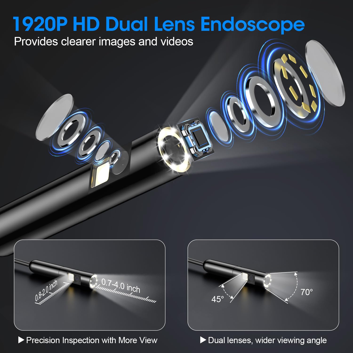 Endoskop ze światłem, boroskop HD 1920P z 8 regulowanymi diodami LED, półsztywna kamera wężowa, wodoodporne narzędzie inspekcyjne IP67 do iPhone'a i Androida - podwójny obiektyw