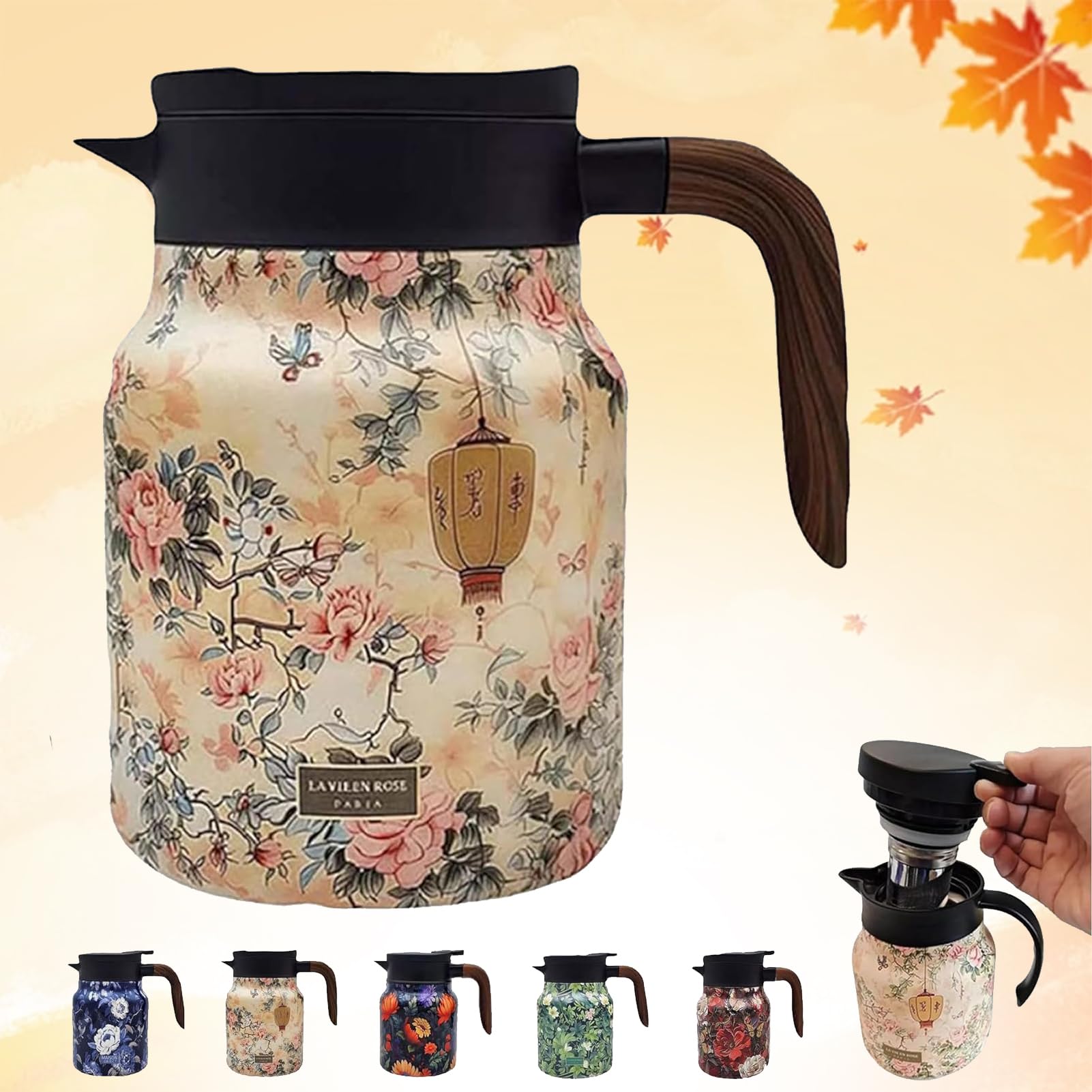 Doresty Tea Pot, Vintage Floral Pattern Tea Pot - Built-In Infuse,1000ml Doresty TeaPot with Lid ＆ Wooden Handle, Mini-Hot Coffee Pot, Stainless Steel Thermal Carafe for Hot Drinks (Orange, 800ml) Orange 800ml