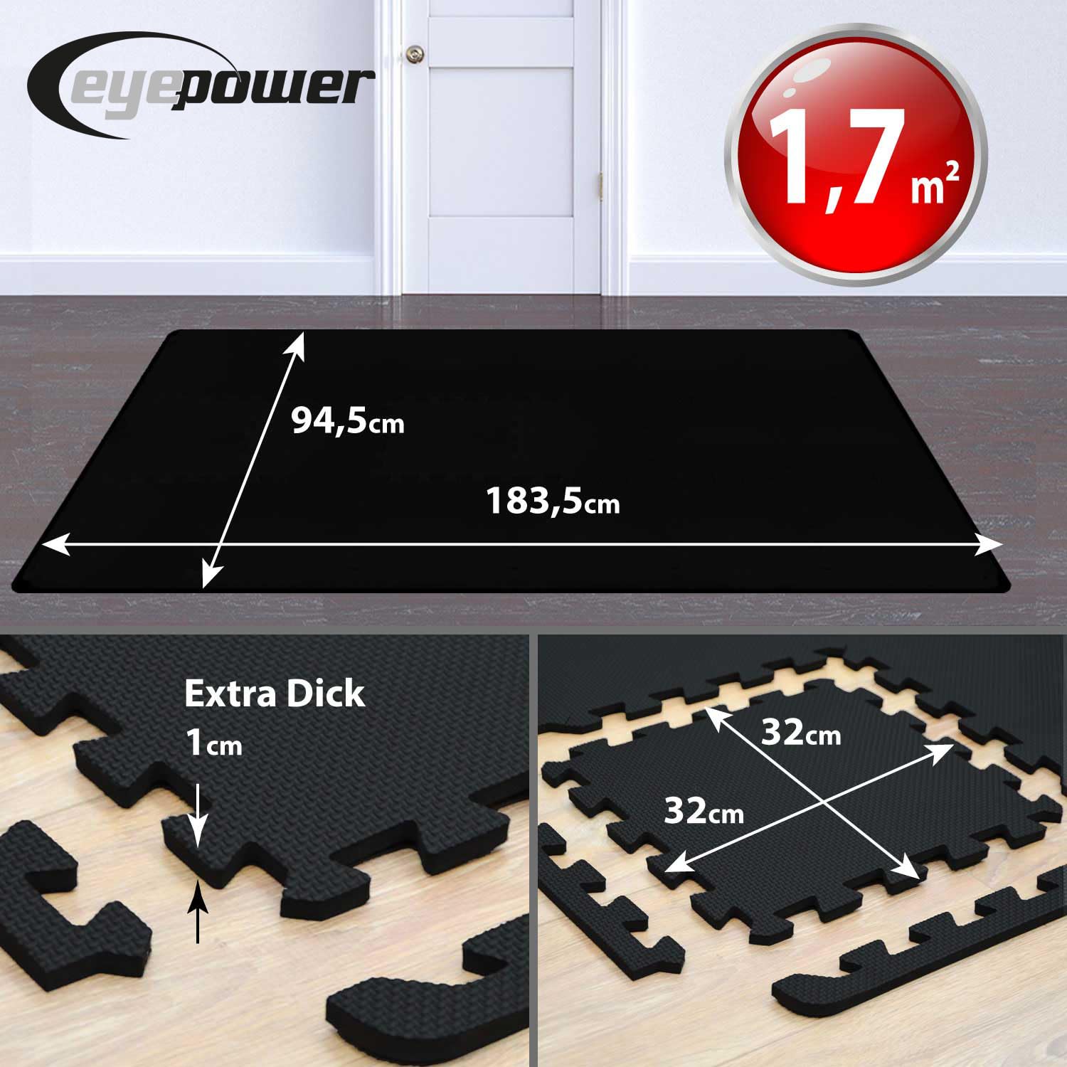 eyepower 1,7 m² mata ochronna na pod?og? Fitness 18 p?yt pod?ogowych 30 x 30 Homegym mata do fitnessu mata pod?ogowa do si?owni, sprz?t fitness, mata izolacyjna do bie?ni, roweru, urz?dzenia
