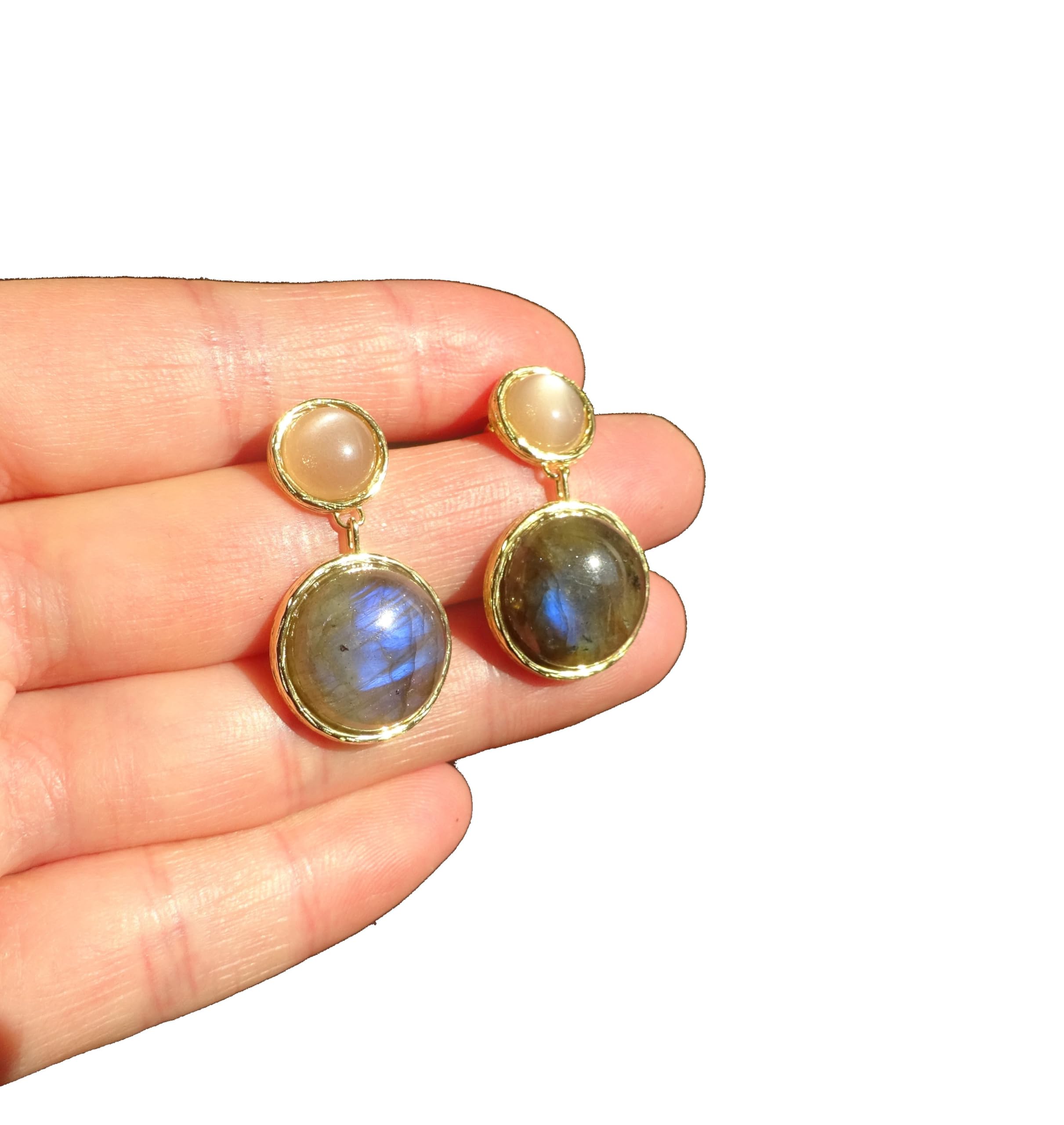 Boucles d'oreilles labradorite en vermeil d'exception et pierre de soleil - 4