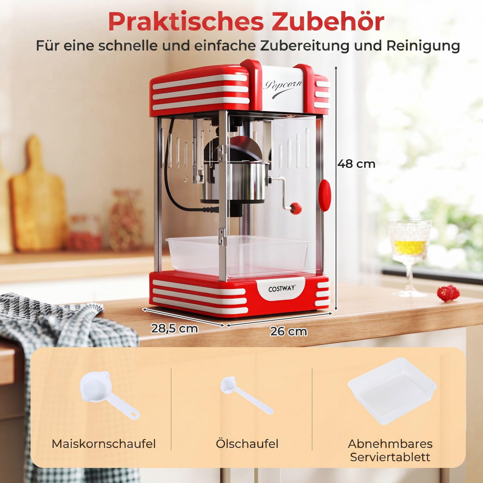 COSTWAY Retro Popcornmaschine, Popcorn maschine mit Warmhaltelicht & Edelstahlkessel & integriertes Rührsystem, Popcorn Maker im 50er still für Filmabende, Party, Rot