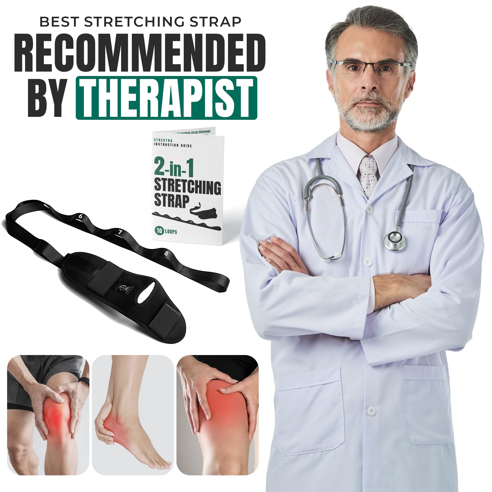 Correa de estiramiento 2 en 1 con trabillas y pie desmontable, estirador de piernas y pantorrillas para fascitis plantar, terapia física, yoga, alivio del dolor y flexibilidad