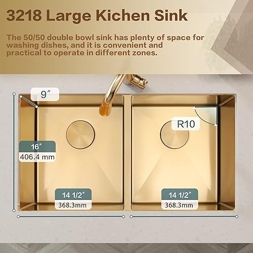 Vista 11 de LQS Fregadero de cocina dorado de 31 pulgadas, fregadero de cocina de acero inoxidable 50/50 de 31 x 18 pulgadas, fregadero de cocina de acero