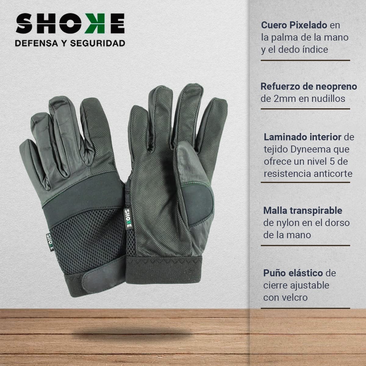 SHOKE - Guantes anticortes policiales nivel 5 - Guantes de trabajo policial de patrulla negros - Refuerzo de neopreno en nudillos - Resistencia al corte por cuchilla y abrasión L