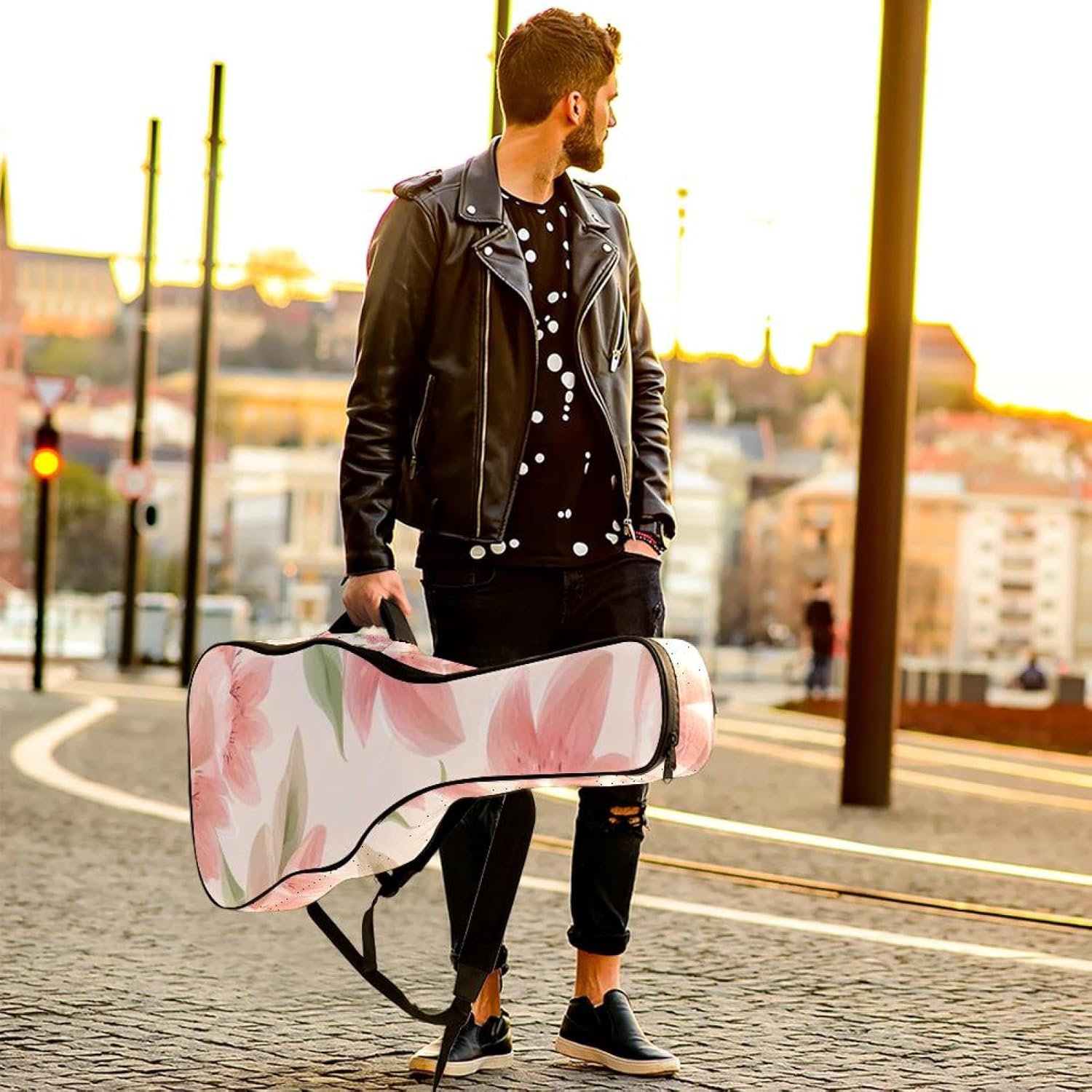 Pink Aesthetic Cherry Blossoms Guitar Bag 40 41 42 In 2 Pockets Guitar Case Waterproof Guitar Case Resistent Oxford Cloth 0.4 In Extra Thick Sponge Padded for Acoustic Guitar