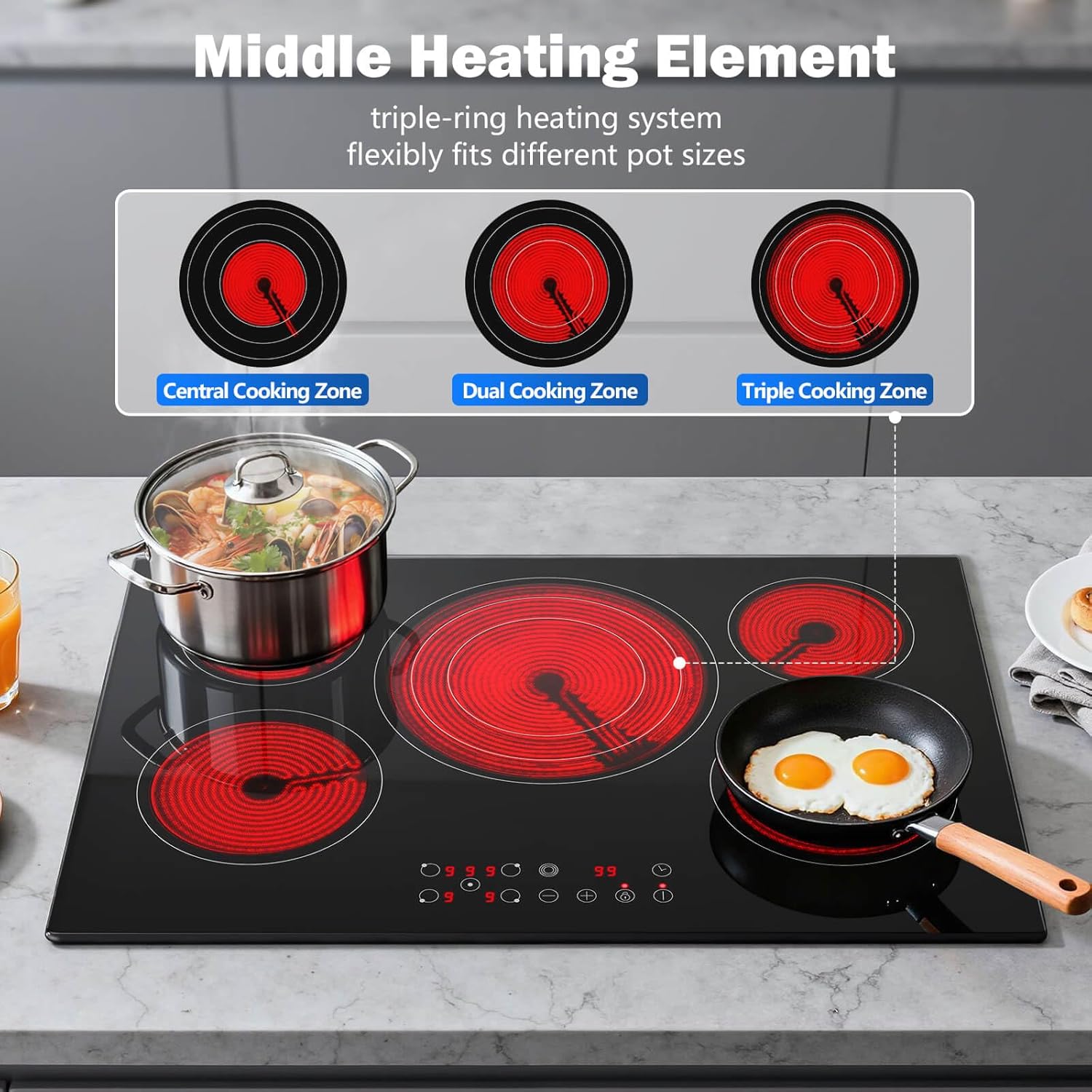 SNDOAS Electric Cooktop 30 inch,9000W 5-Burner Built-in Electric Stove Top with Ceramic Glass & 9 Power Levels,240V Hardwired,Child Lock & Overheat Protection,30" for Standard Countertop Cutout