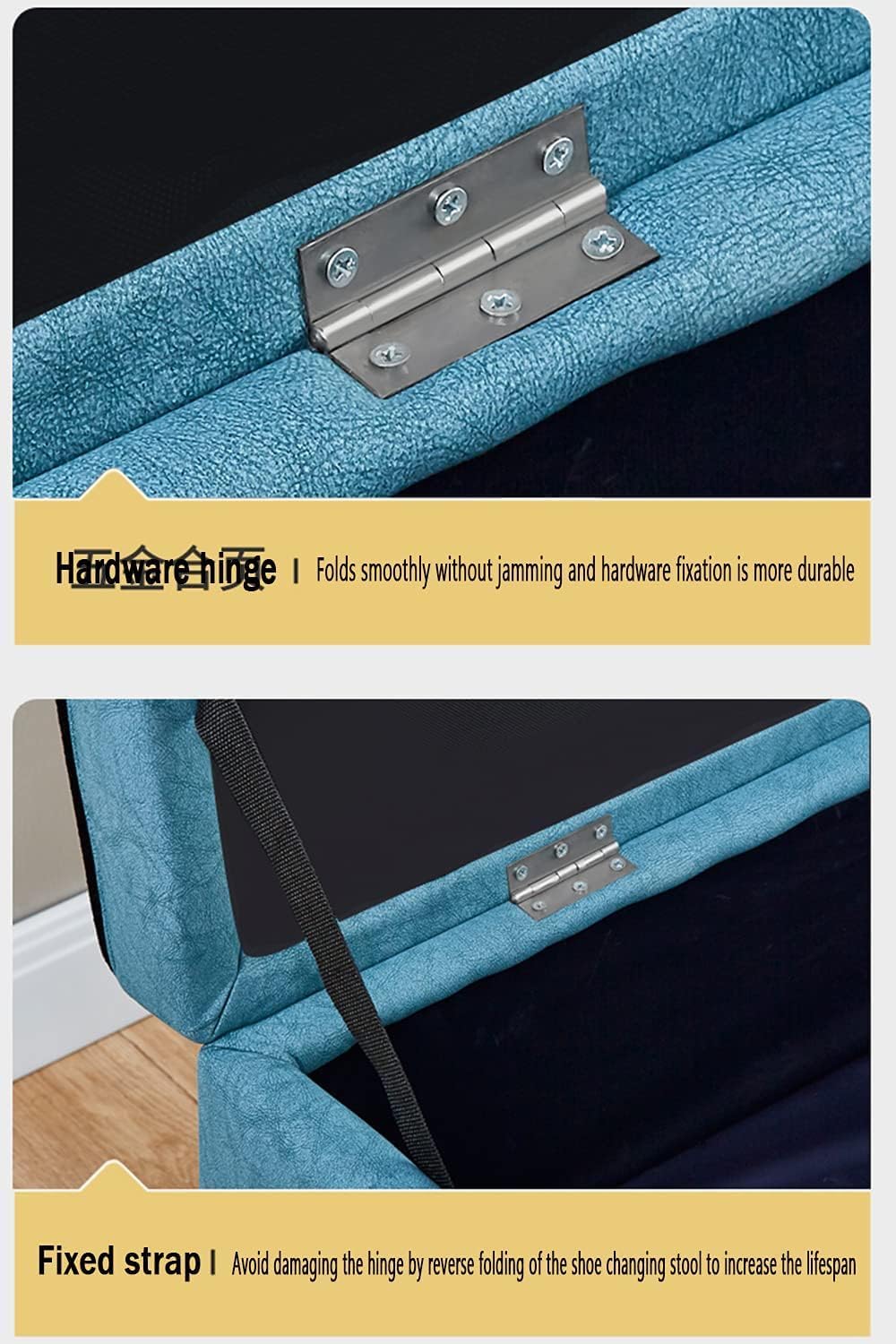 Fireproof Folding Storage Stool, Upholstered Engineered Fabric Bench Seat, 39.4" Storage Box, Wrought Iron Frame, Household Shoe Changing Stool, Ot