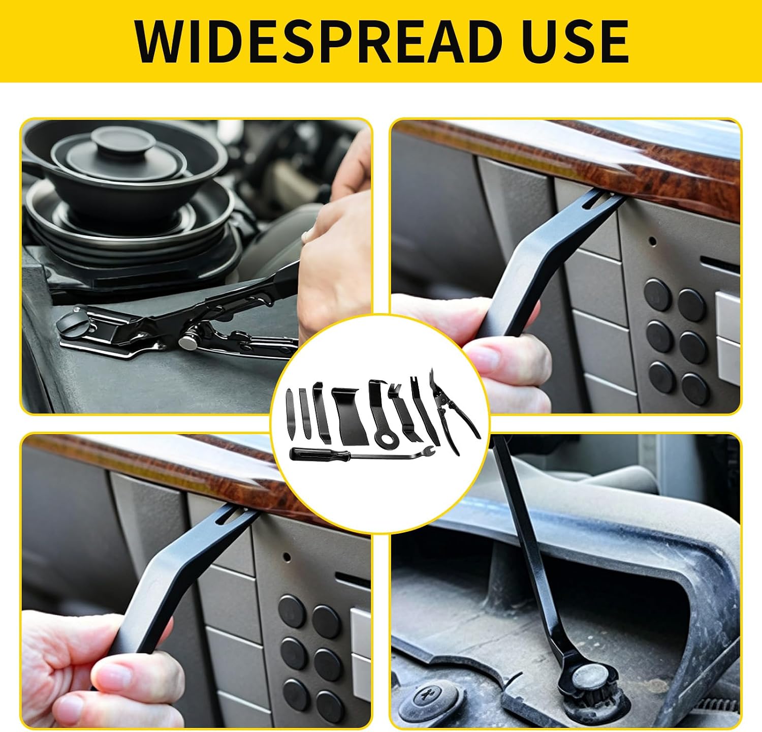 9 Pcs Non-Scratch Plastic Car Trim Removal Tool Kit, Soft Pry Bars & Clip Pliers for Dashboard Door Panel Audio Disassembly, Fastener Push Pin Remover, Multipurpose Dent Repair Interior Tools