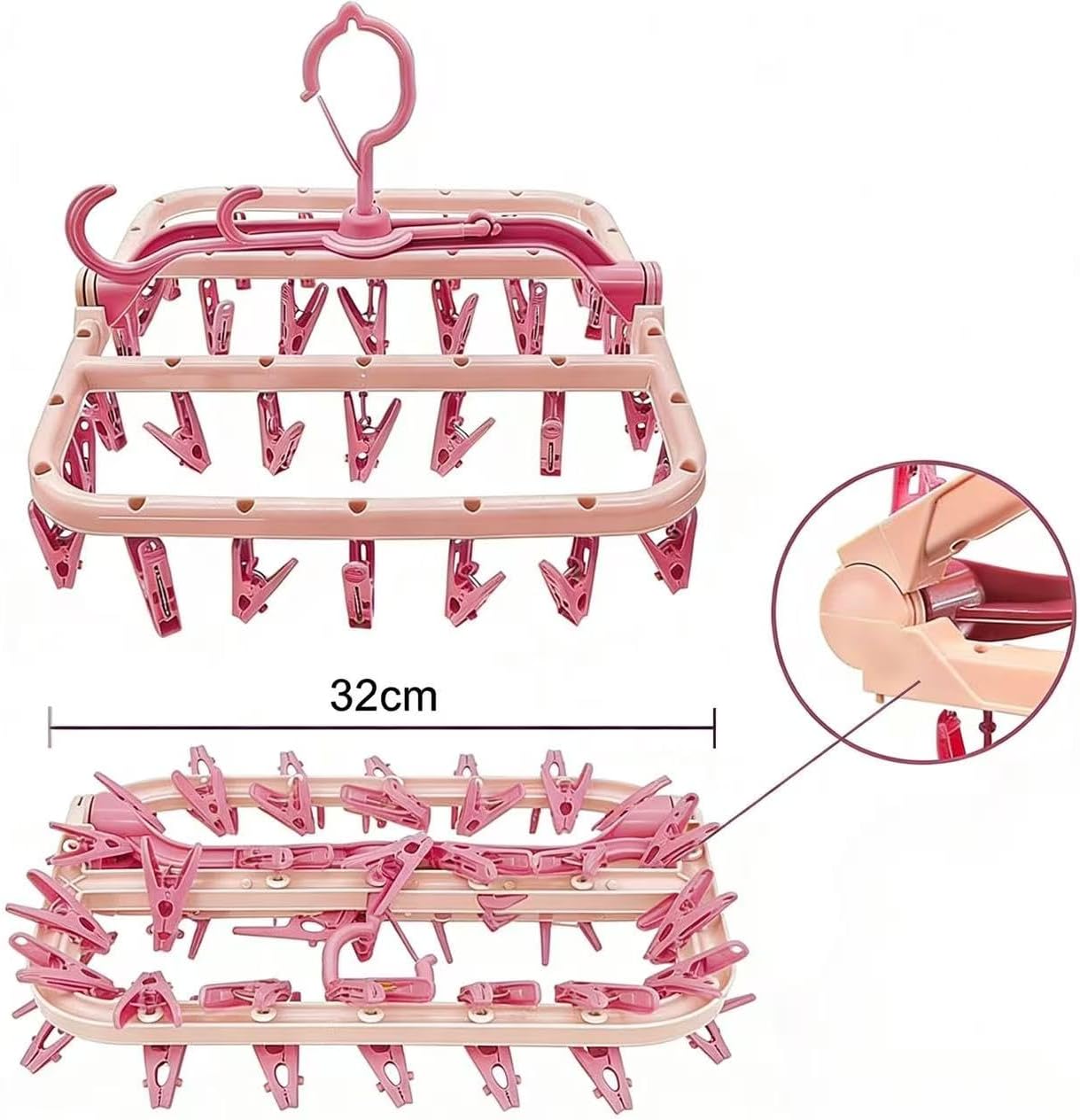 Sock Dryer with pegs for Washing line with 32 Clips and 360° Suitable for Socks Underwear Insoles Baby Clothes Gloves (Pink)