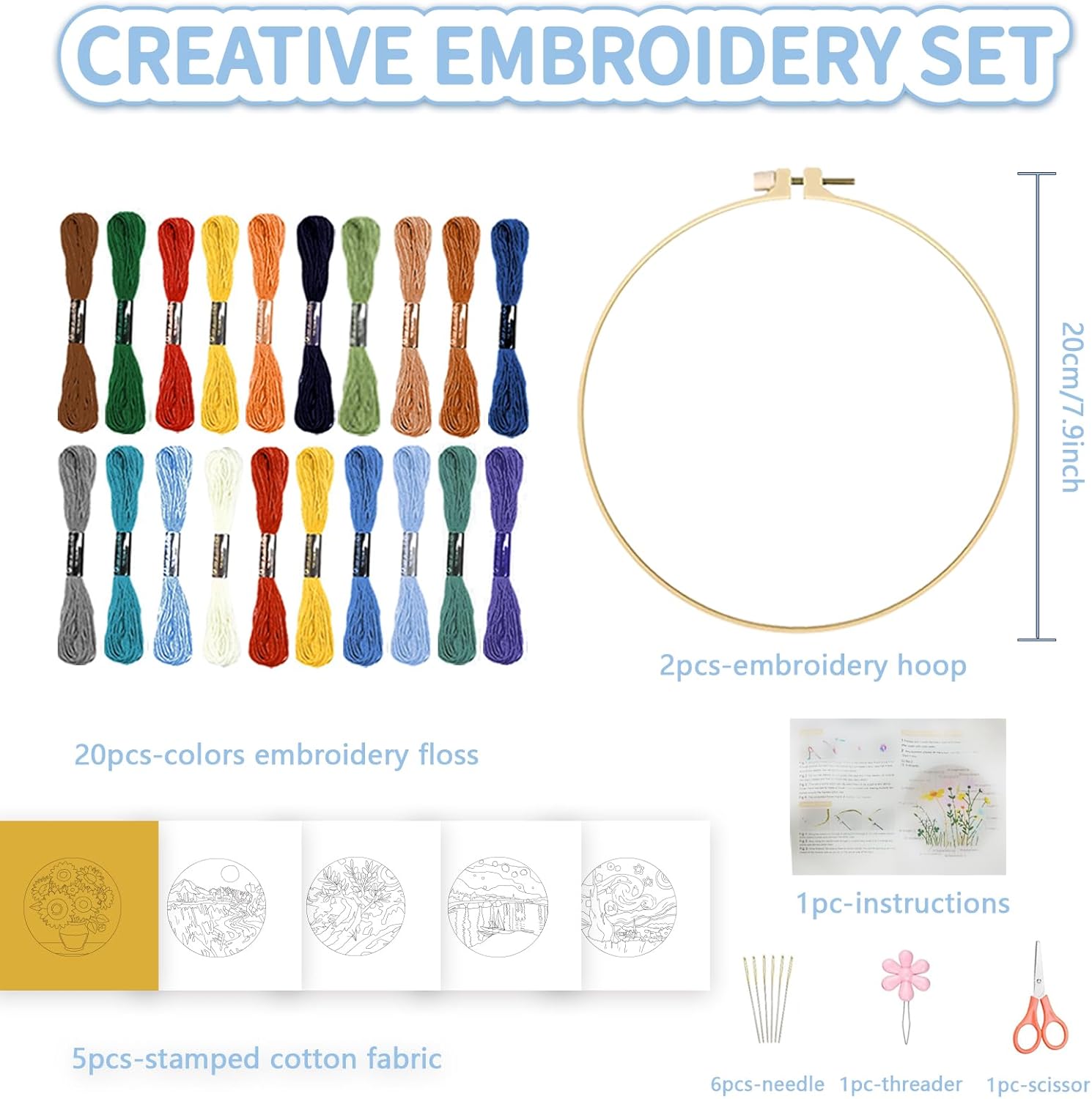 FREEBLOSS 5 Sets Embroidery Kit for Beginners Needlepoint Embroidery Starter Kit with Oil Painting Style Stamped Patterns, Instructions, Colored Threads, 2 Hoops 11.6"/29.5cm