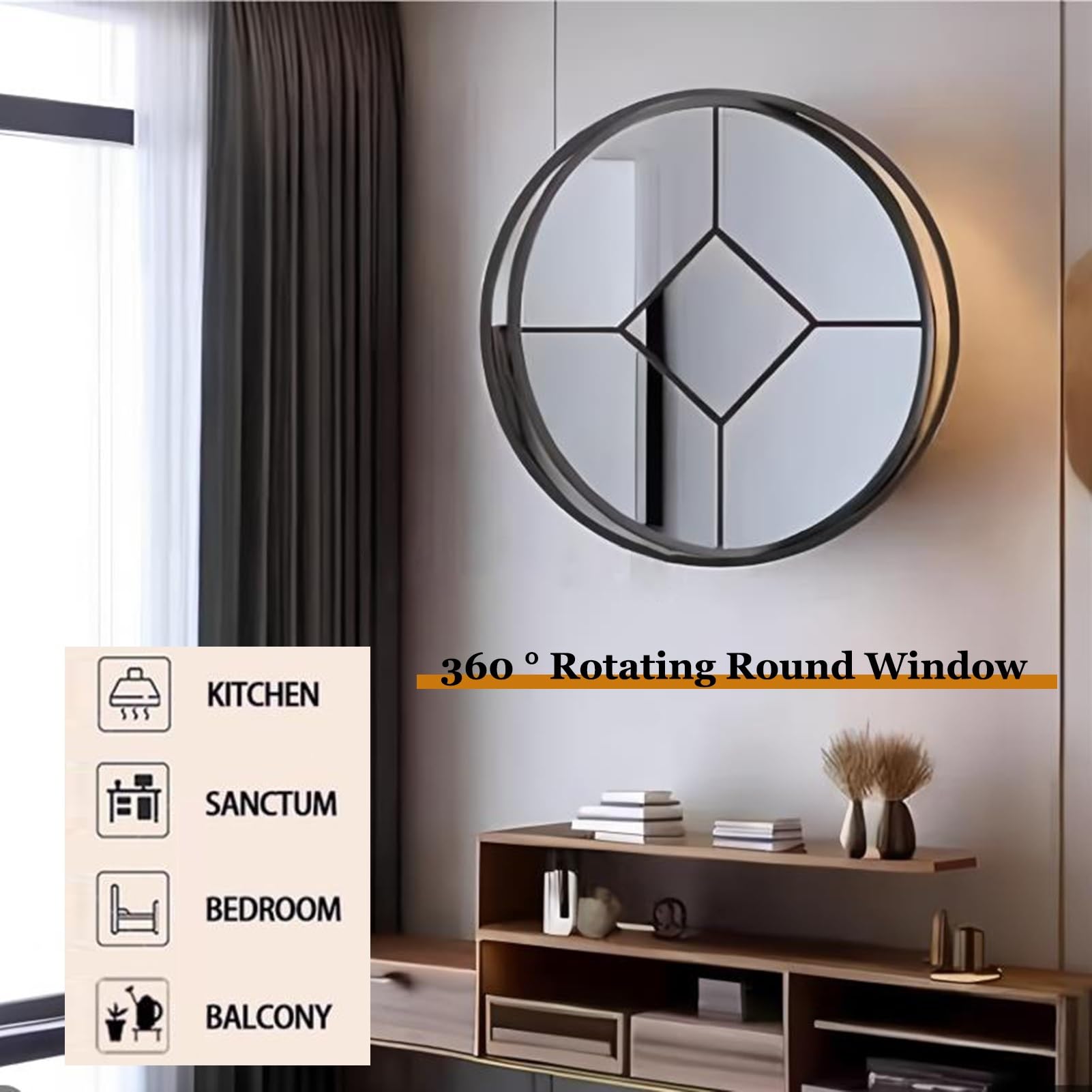 Ventana Redonda de Metal empotrada con Vidrio Templado, rotación de 360°, Eje Central y manija, ventilación e iluminación, Ventana Horizontal (Negra, 70 cm/27,6 Pulgadas)