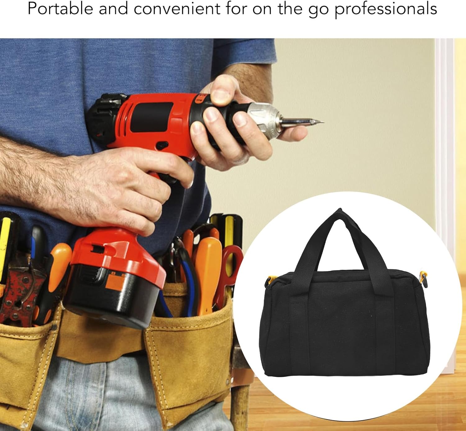 Tool Bag 12 Inch Canvas Wide Mouth Tool Bag Large Capacity Tools Storage Bags Black Waterproof Electrician Toos Pouch with Compartment, Zippers Tote for Wrench Screwdriver Pliers