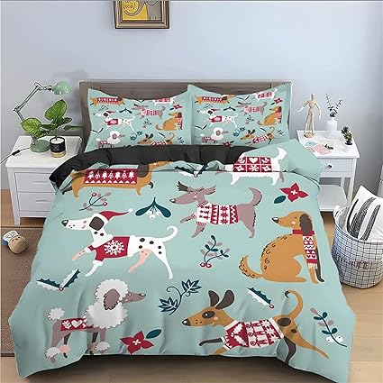 Amazon 掛け布団カバーセット クイーンサイズ マイクロファイバー掛け布団カバー クリスマス犬 寝具セット ホテル品質 ソフトで快適 軽量 ファスナー付き掛け布団カバー1枚と枕カバー2枚付き 掛けふとんカバー オンライン通販
