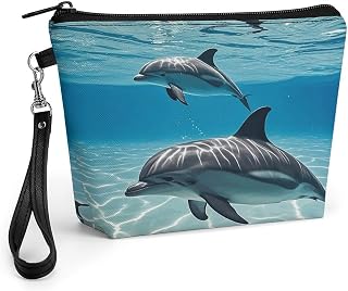 Dolphins Travel Makeup Bag Large Capacity Toiletry Bag | Waterproof PU Leather Cosmetic Organizer Bags with Handle