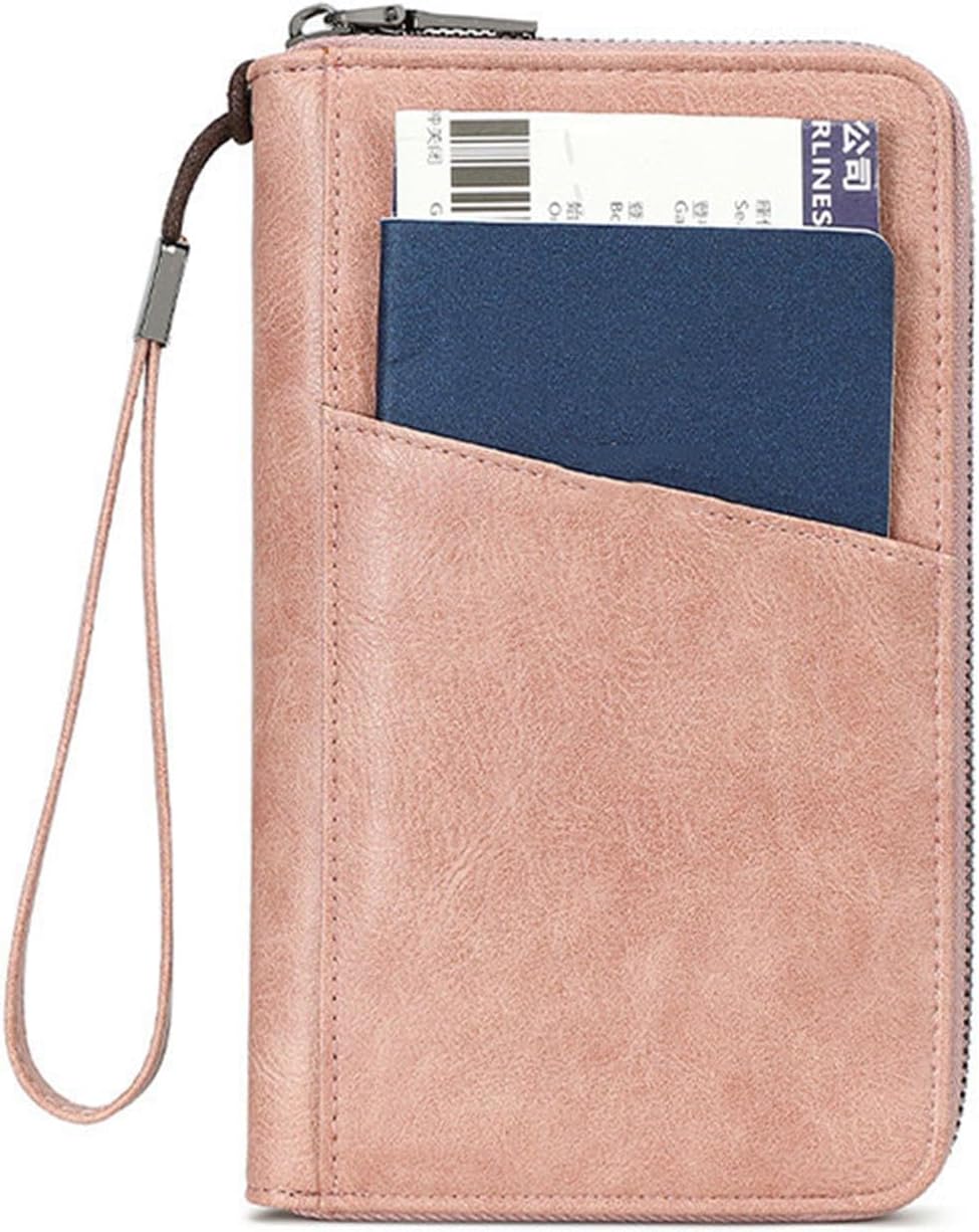 Businey Passport Holder Travel Wallet, RFID Blocking Travel Document Organizer, Family Passport Holder for Passports Business Credit Cards Boarding Passes,Pink