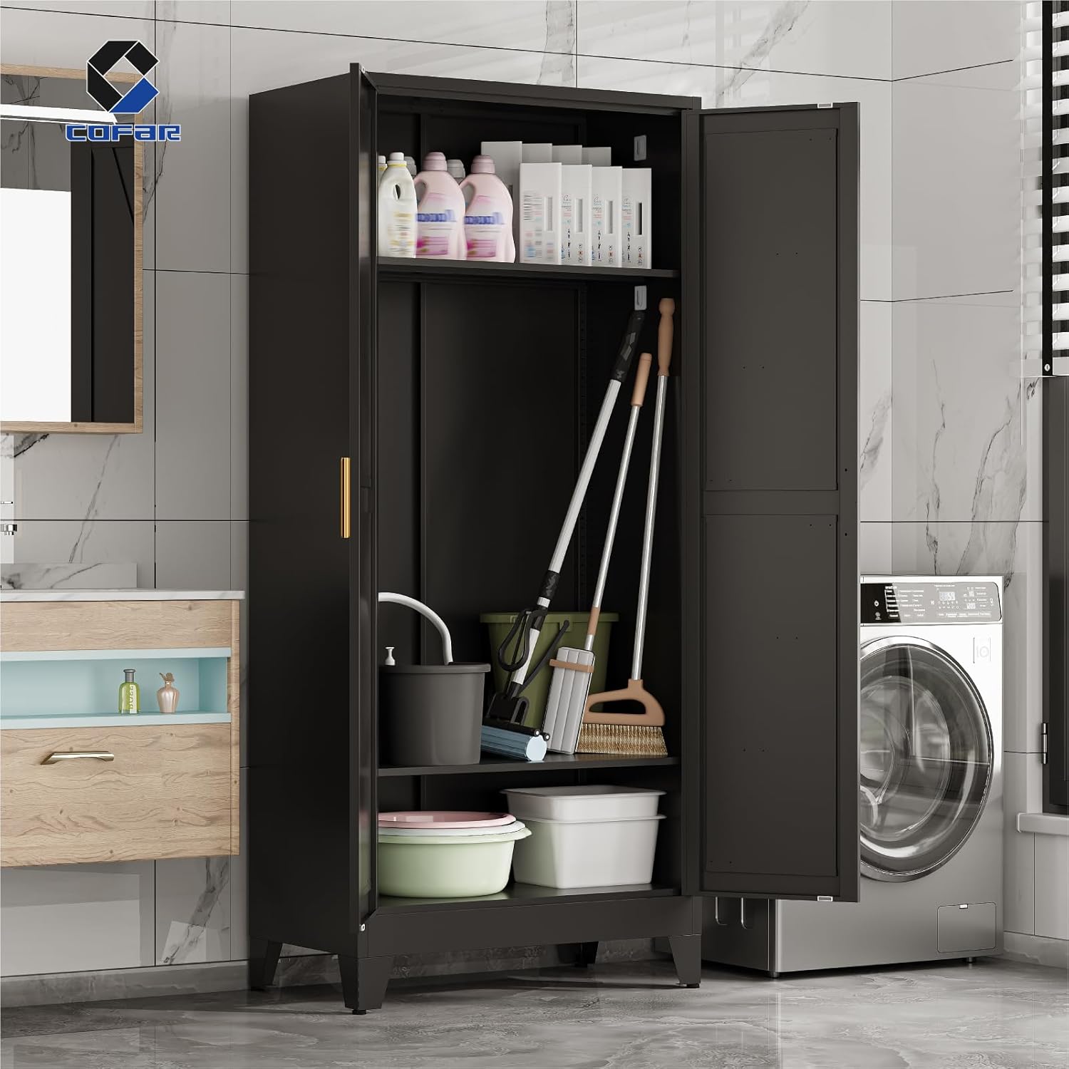 COFaR Metal Wardrobe Closet with Doors, Black Farmhouse Bedroom Armoires with Adjustable Hanging Rod and Shelves, 71'' Tall Closet Cabinet for Garage Storage, Roperos para Guardar Ropa