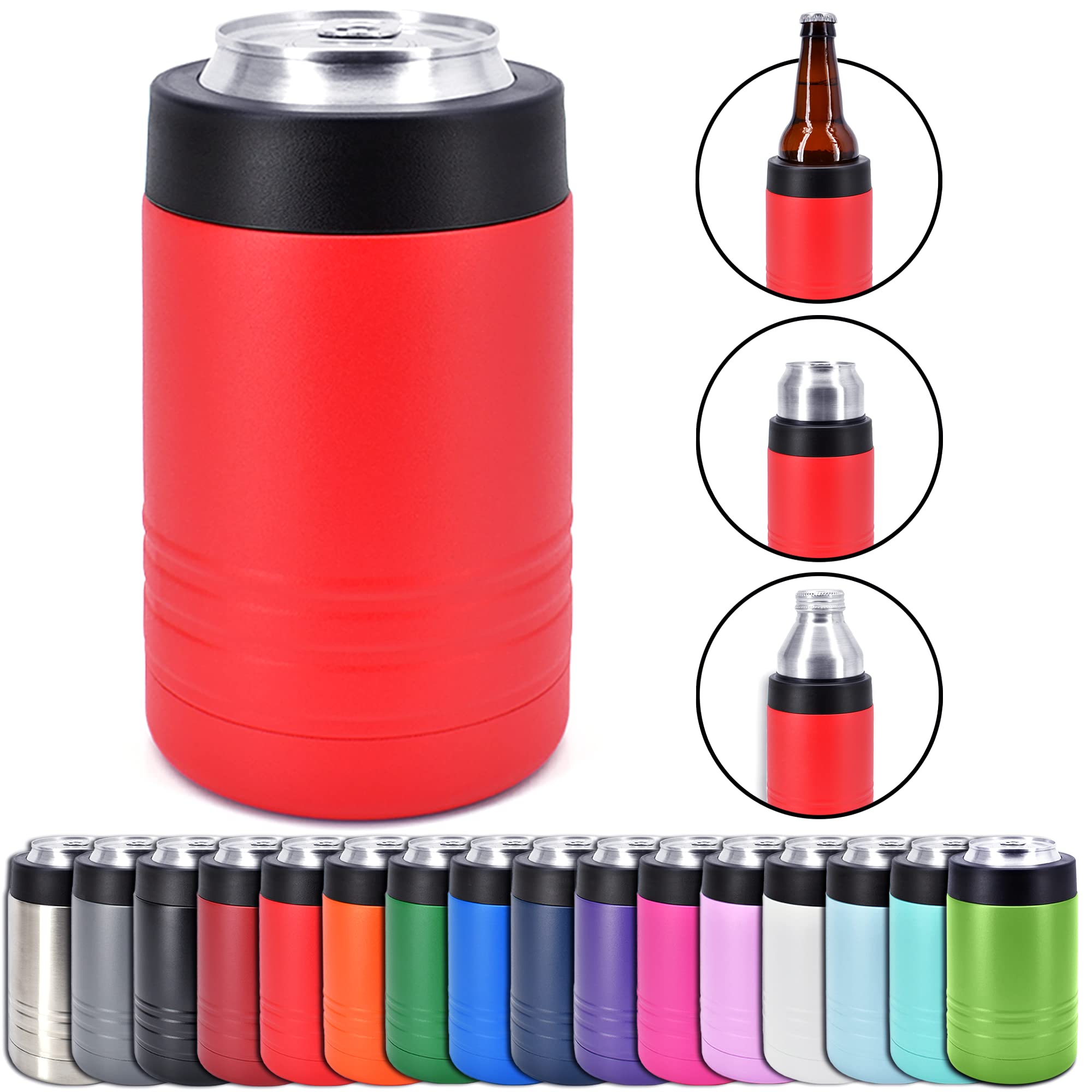 4-in-1 Stainless Steel 12 oz Double Wall Vacuum Insulated Can or Bottle Cooler Keeps Beverage Cold for Hours - Also Fits 16 oz Cans - Powder Coated