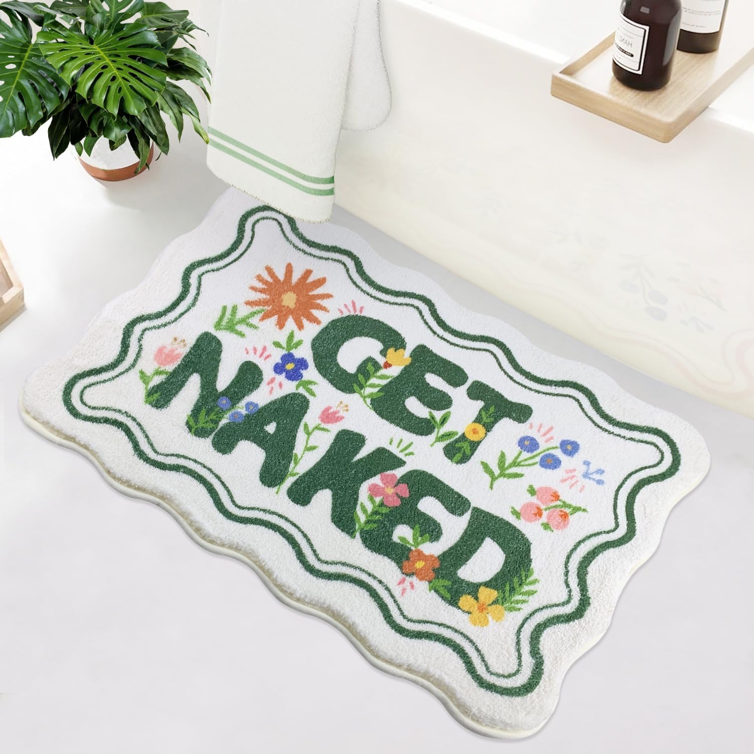 SHIYUE Cute Get Naked Flower Bath Mat，Ultra Soft and Fluffy Microfiber Water Absorption Non Slip Mat for Bedroom Kitchen Bathroom Rug(18"×47" Green)