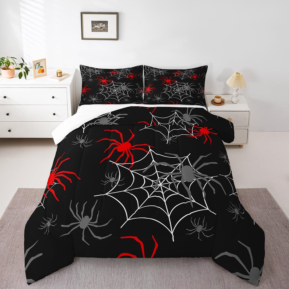 Feelyou Red Black White Cobweb Comforter Set Twin Size, Scary Halloween Decorations Comforter Set Scary Spider Comforter Kids Toddler Red Black Gray