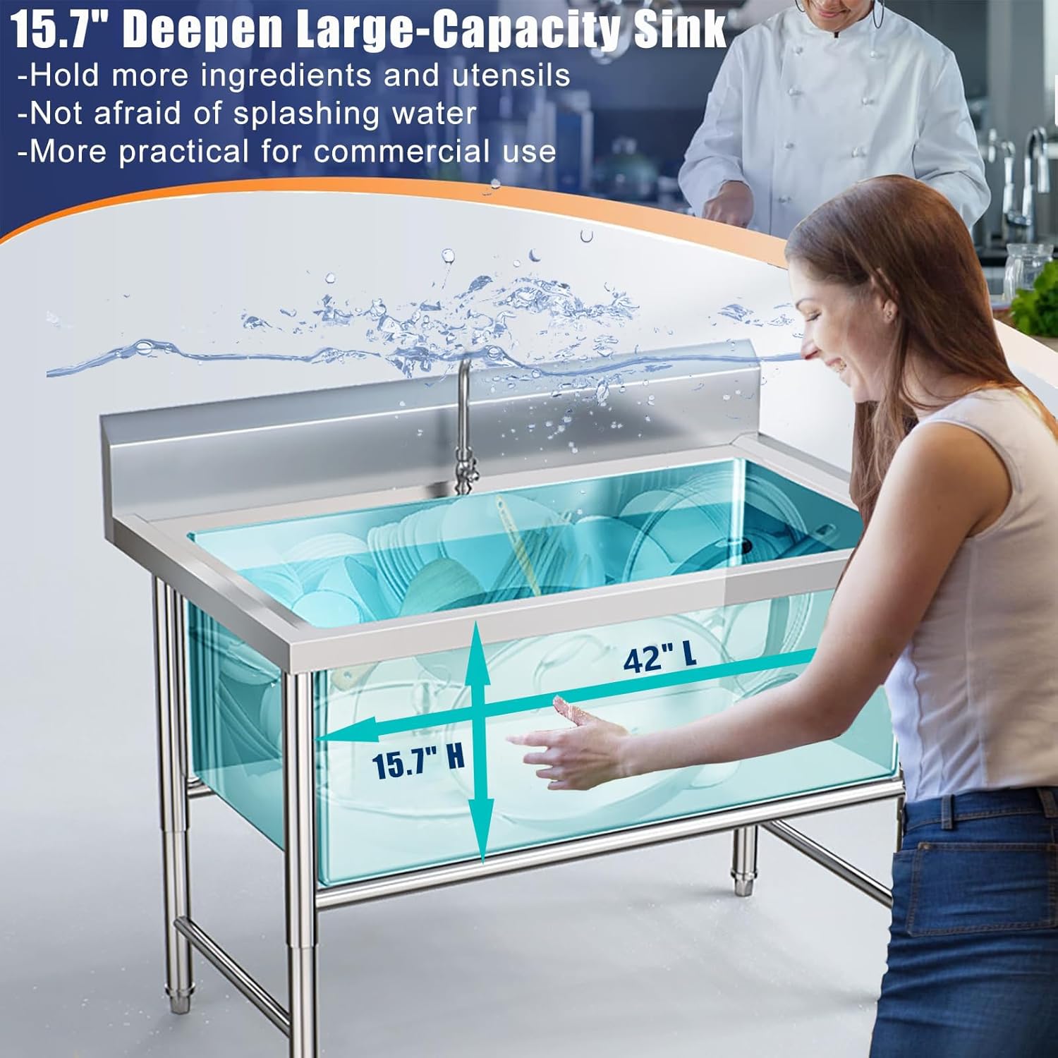 47.2 Inch Stainless Steel Commercial Sink Outdoor Free Standing Fregaderos De Cocina Modernos With Hose Hook Up Single Bowl Utility Sinks For Garage,Restaurant,Shop,Laundry Room,Kitchen,Farmhouse