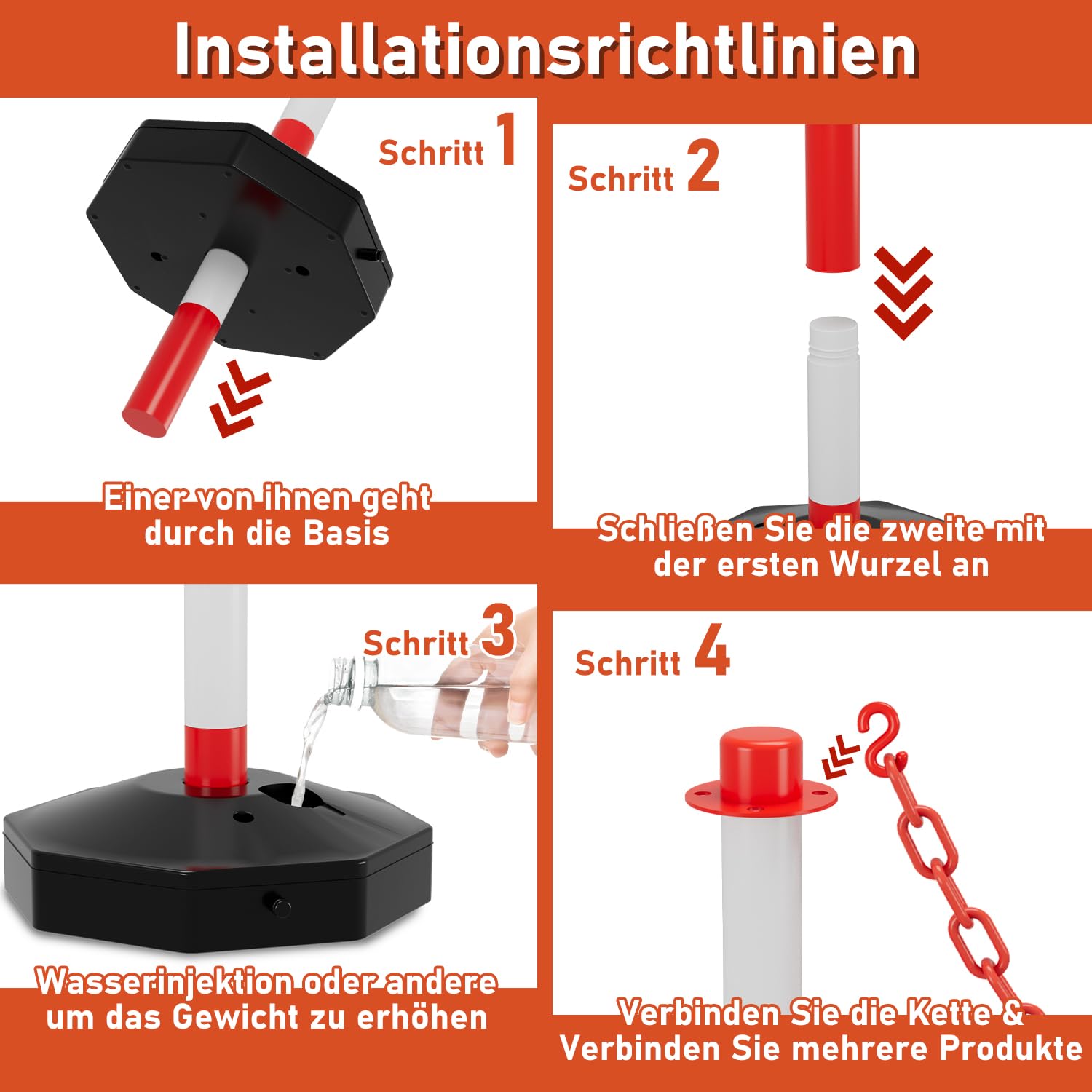 Eulenke 2 Set（4 Stück） Absperrpfosten 85 * 28.5 * 28.5 cm, Sperrpfosten mit Kunststoffketten(140cm), Befüllbarer Boden, Geeignet für Parkplätze, Straßenwartungsabschnitte usw, rot-weiß