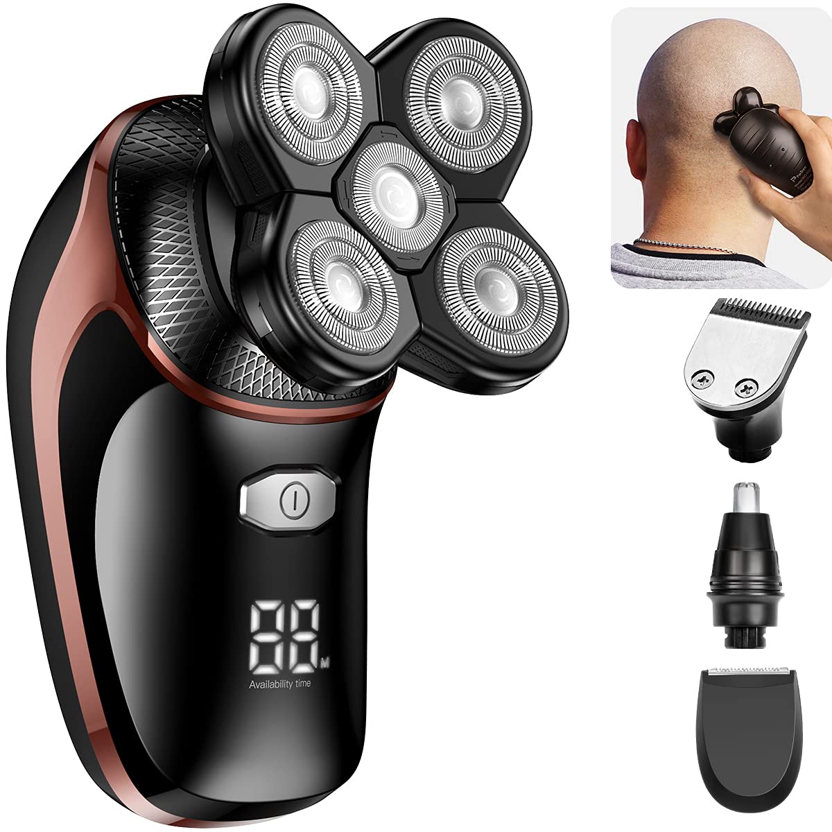 Head Shaver, ATEEN 5-in-1 Wet/Dry Bald Head Shavers for Men Anti-Pinch Head Electric Razor Grooming Kit Cordless Mens Rotary Shavers with LED Display, USB Rechargeable (Brown)