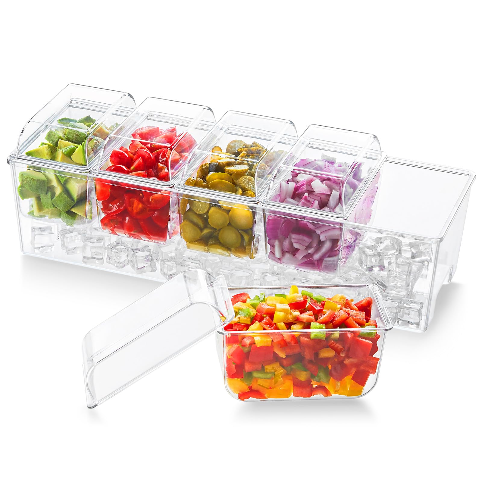 Lifewit abnehmbare Ice Zutatenbehälter mit Deckel, Frischebehälter, Ice Eiswürfel hinzufügbar, 5 Fächer Behälter zum Garnieren, Serving Bar für Obst/Snacks/Cocktail Zutaten