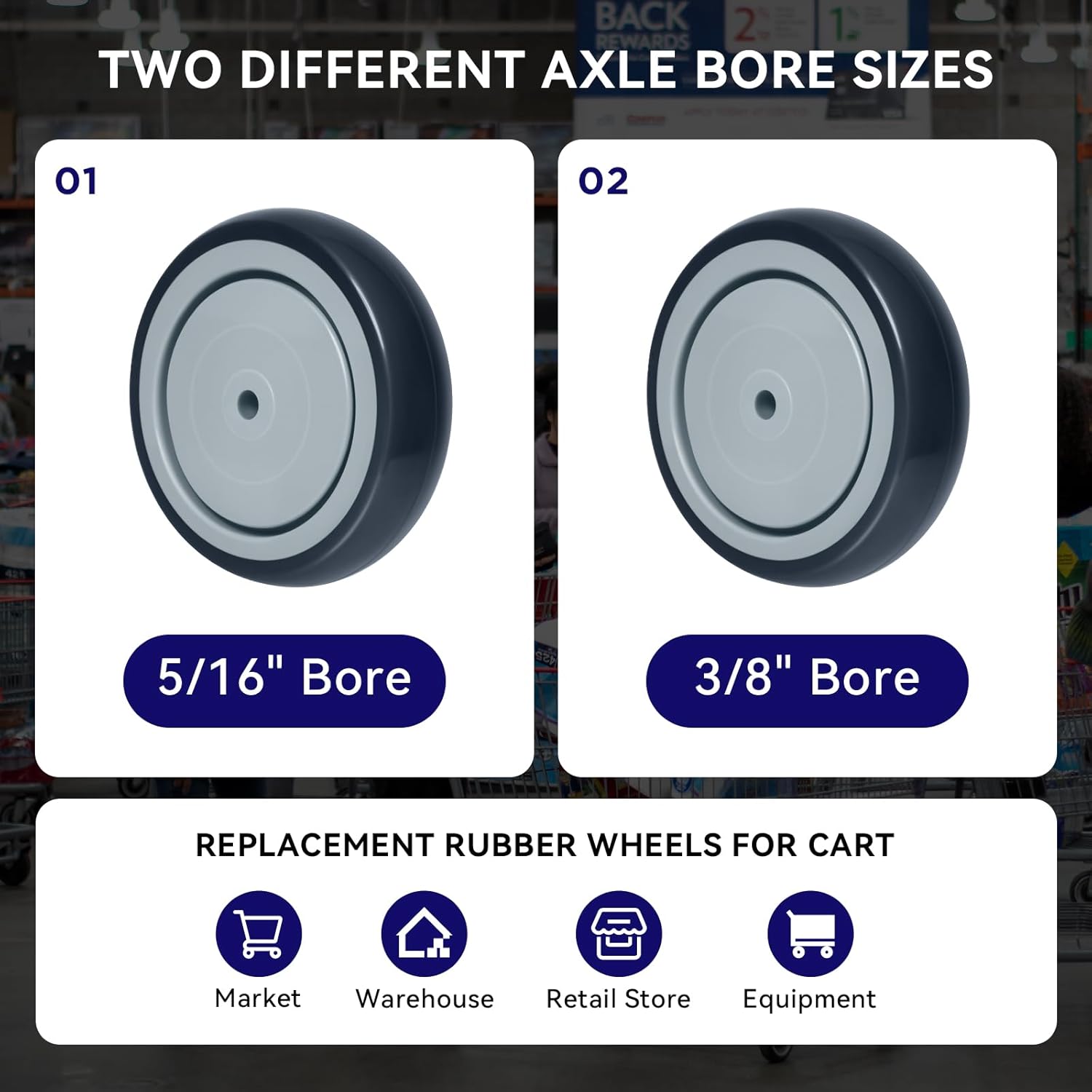 5'' Shopping Cart Wheels Replacement, 5/16" Casters Set of 4 Rubber Wheels for Cart Supermarket Grocery Retail Stores, Each Wheel Load 350lbs (4 Wheel, Grey)