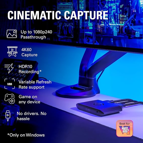 Elgato 4K S Capture Card for PS5, Xbox Series X/S, Switch 2 | 4K60 capture, 1440p120 or 1080p240 passthrough, HDR10 support, Near-zero latency, USB-C, Analog audio input