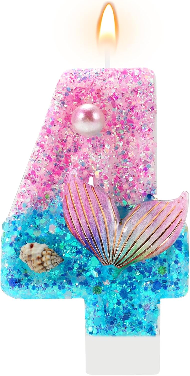 AKURIEEY Mermaid 4th Birthday Candle Pink Blue Numbers 4 Candle for Girls Cake Topper Cupcake Decorations Ocean Theme Party Decor Anniversary Celebrations Supplies
