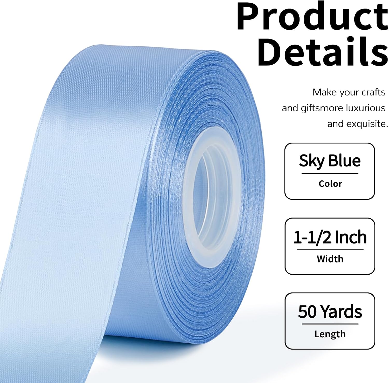Mauproy 1-1/2 Inch Wide Sky Blue Satin Ribbon, 50 Yards Solid Polyester Fabric Ribbon for Roses Making, Gift Wrapping, Father's Day, Flower Bouquets, Wedding Decorations, Handmade Crafts