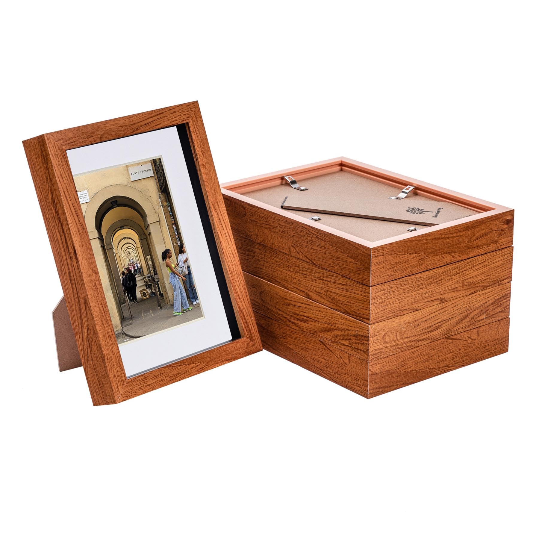 Nicola Spring 3D Shadow Box Photo Frame - A5 (6 x 8") - 3D Photo Frame Picture Frame Memory Box Display Case for Photos, Memorabilia, Artworks, Crafts, Decoration, 4 x 6" Mount Dark Wood - Set of 5