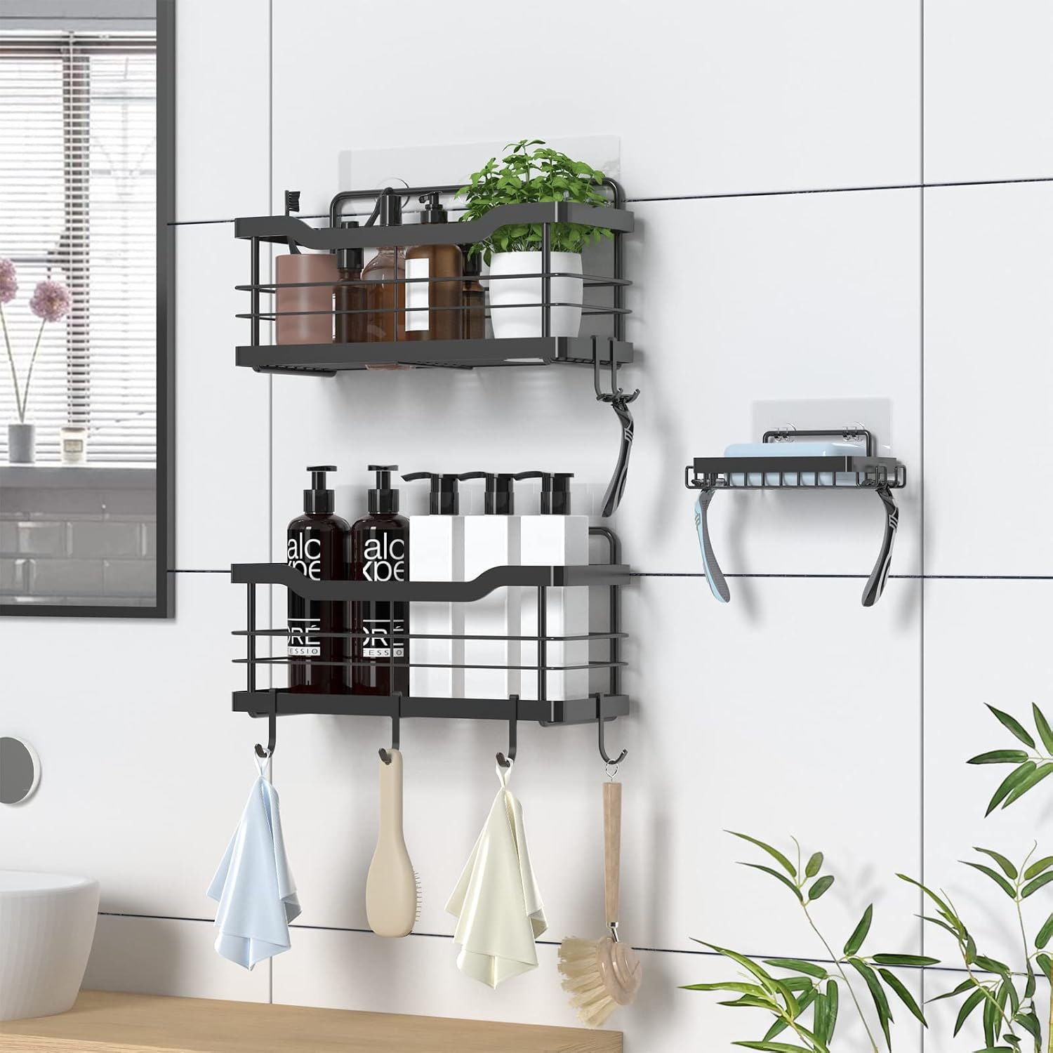 Carwiner Shower Shelf Deep Caddy 3-Pack basket with 10 Hooks & Soap Dish Holder, SUS304 Stainless Steel Bathroom Caddy Organizer Rack Adhesive Shampoo Holder Wall Mounted No Drilling (Black)