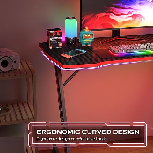 Miniatura 22 de PayLessHere Escritorio para juegos de 47 pulgadas, mesa de fibra de carbono, estación de trabajo Ultimate Gamer con soporte para tazas y gancho para