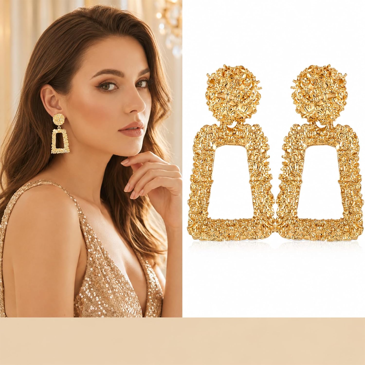 Clip on Earrings for Women, Big Statement Geometric Earrings | Large Shiny Drop Dangle Earrings Gold Geometric Statement Earring Non Pierced Wedding Party Fashion Jewelry