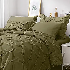 JOLLYVOGUE Olive Green Cal King Size Comforter Sets 7 Pieces, Pintuck Bed in a Bag Comforter Set for Bedroom, Bedding Comforter Sets with Comforter, Sheets, Ruffled Shams & Pillowcases