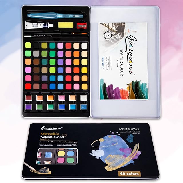 Watercolour Paint Set, 60 Vivid Colors Water Colours Paints with 12 Metallic, Watercolour Paints for Artists, Beginners, Students, Hobbyists, Kids Adults, for Watercolours School Art Supplies