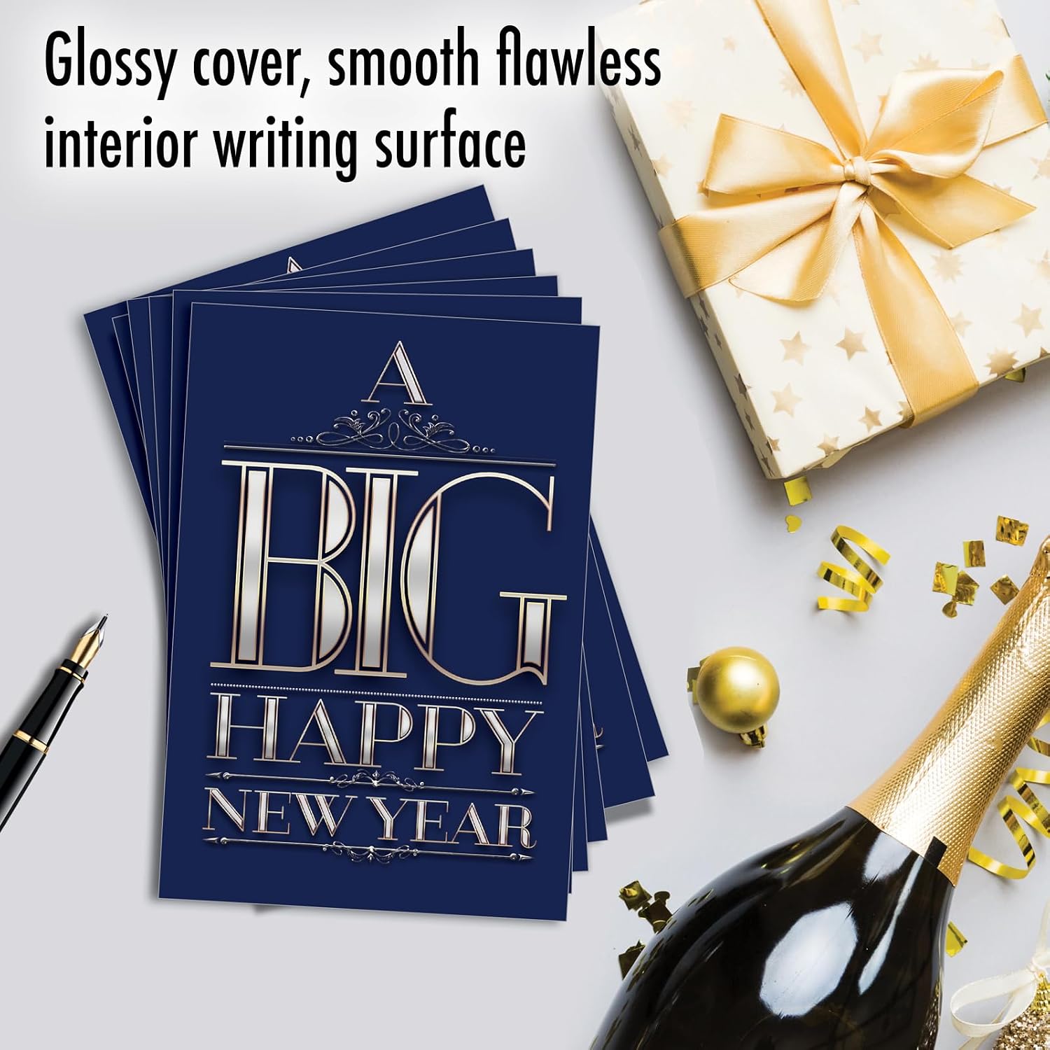 NobleWorks - 12 Pack of New Year Cards with Envelopes (4.63 x 6.75 Inch) - Humor, Happy New Year's Stationery Notecard Set - Big Happy New Year C4290NYG-B12